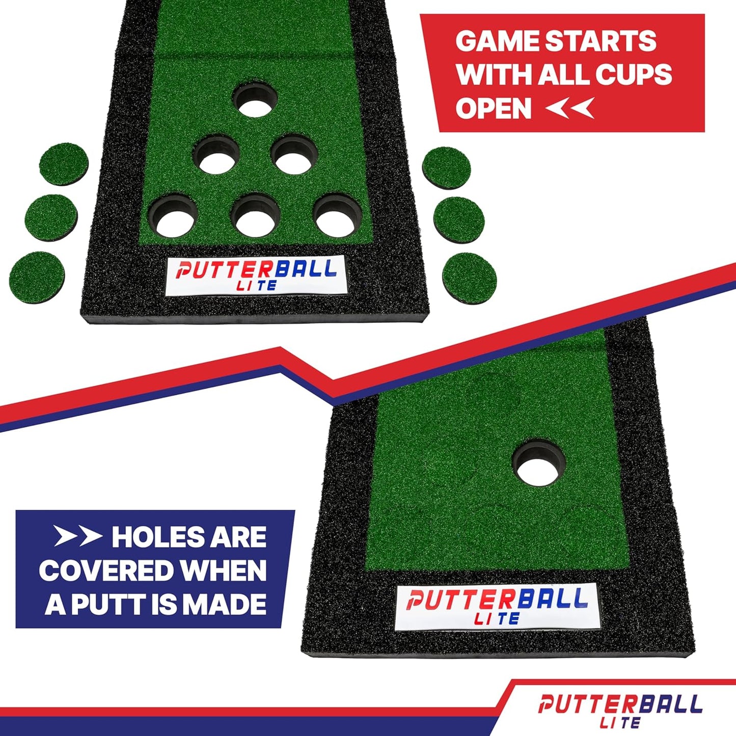 PutterBall Lite Original Golf Putting Game Set – Backyard 9 ft Putting Green Pong Style Golf Mat with 2 Putters, 2 Balls & Hole Covers