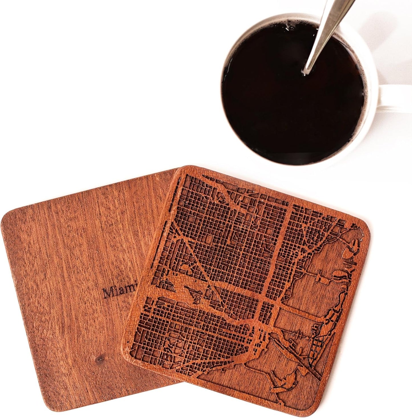 Miami Map Coaster by O3 Design Studio, Set Of 4, Sapele Wooden Coaster With City Map, Handmade