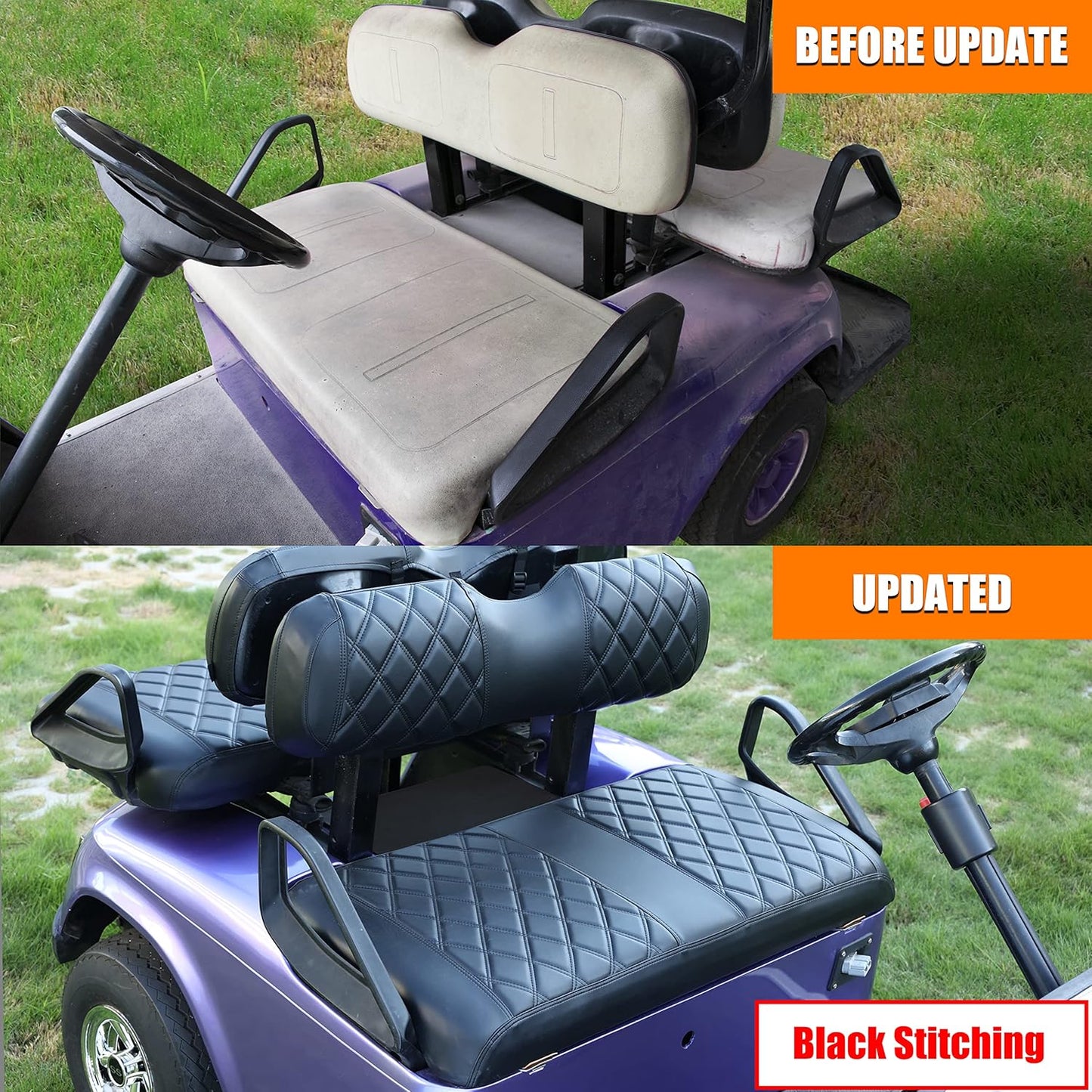 NOKINS Golf Cart ET Front Seat Covers Suitable for EZGO TXT 1994-2013/EZGO RXV OEM Standard Front Seat Cushion, No Stapler Required, Golf Cart Vinyl Replacement Seat Cover Black Stitching