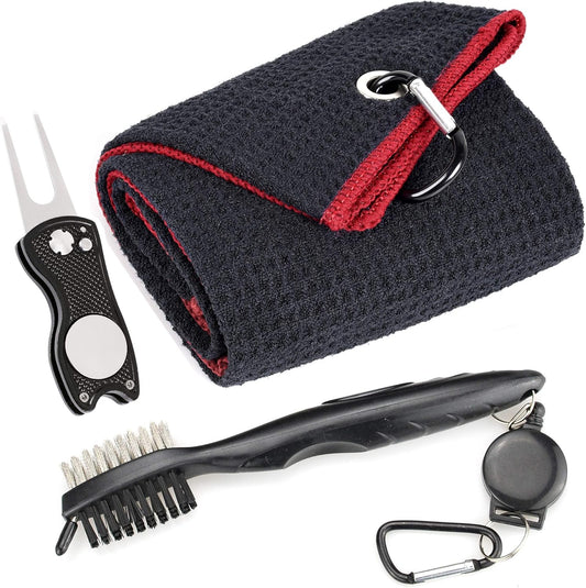 Mile High Life Microfiber Waffle Pattern Golf Towel | Club Groove Cleaner Brush | Foldable Divot Tool with Magnetic Ball Marker (Black w/red Towel/Brush/Fish Divot)