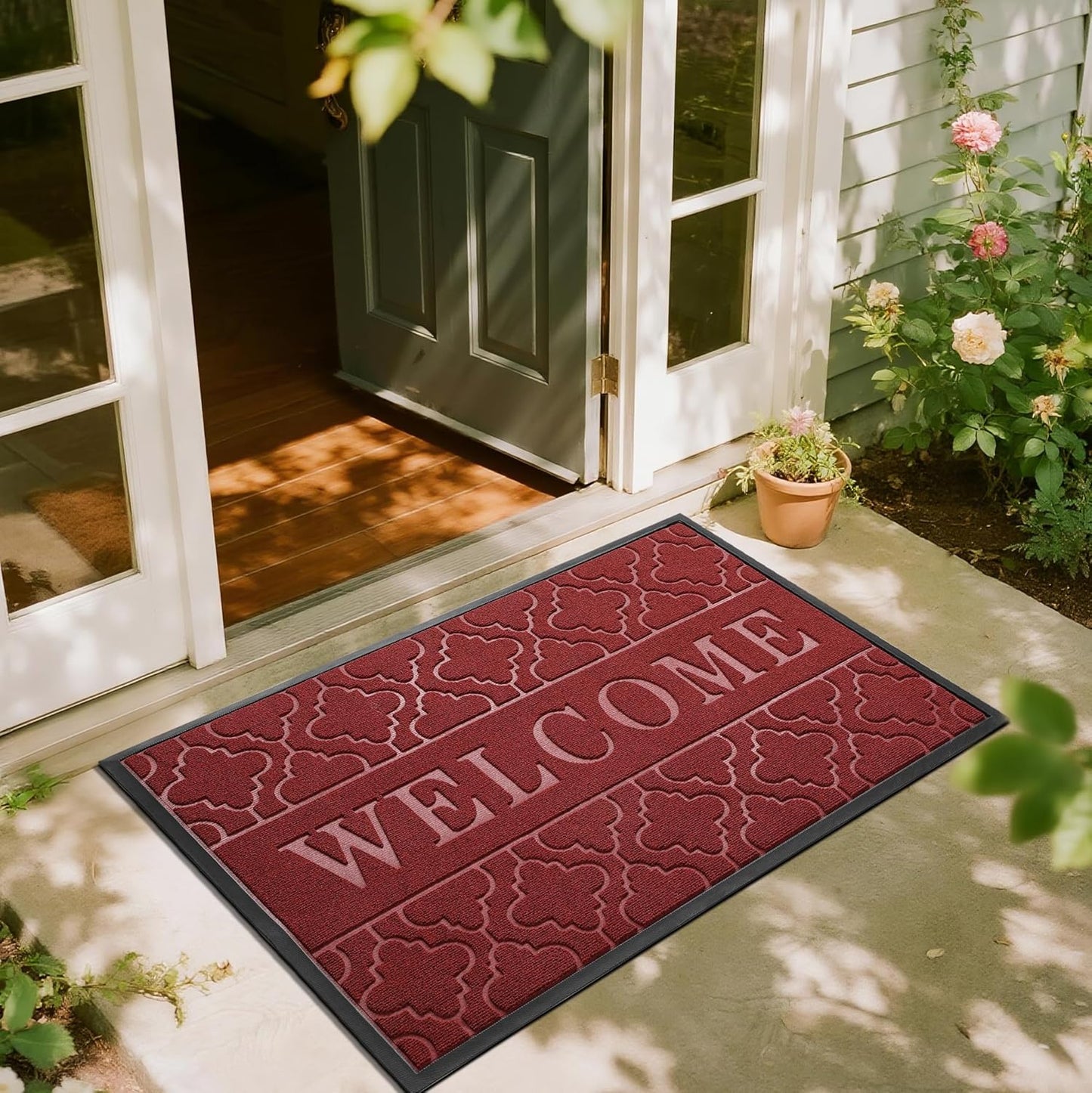 Yimobra Welcome Mat Outdoor Indoor, All-Season Waterproof Front Door Mat Outside Entrance, All-Weather Heavy Duty Non-Slip Doormat, Low Profile Porch Patio Entrance Mats, 47x32, Red
