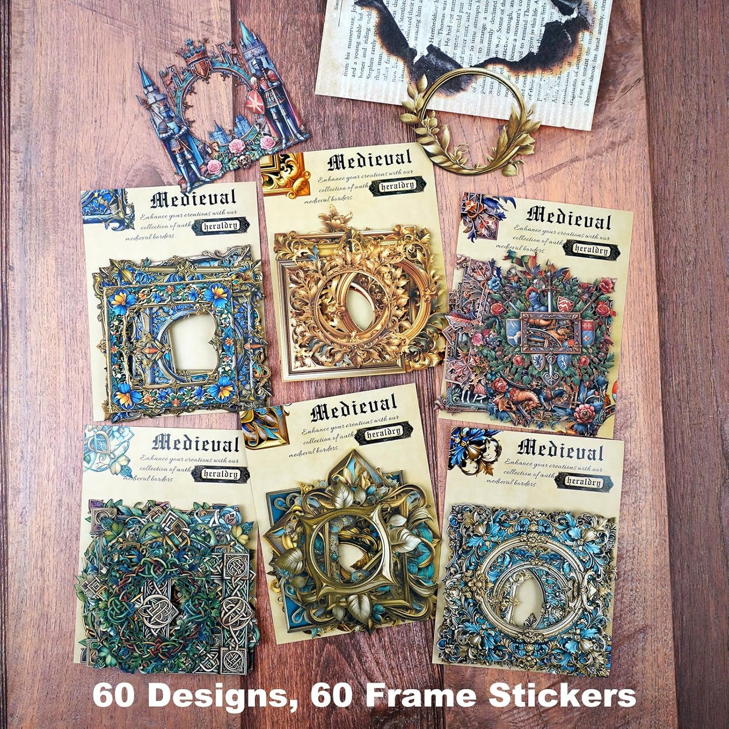 Medieval Frame Stickers – 60 Hollow-Cut Cardstock Stickers for Scrapbook & Journal, Vintage Self-Adhesive Embellishments for Junk Journal, DIY Art & Collage Design