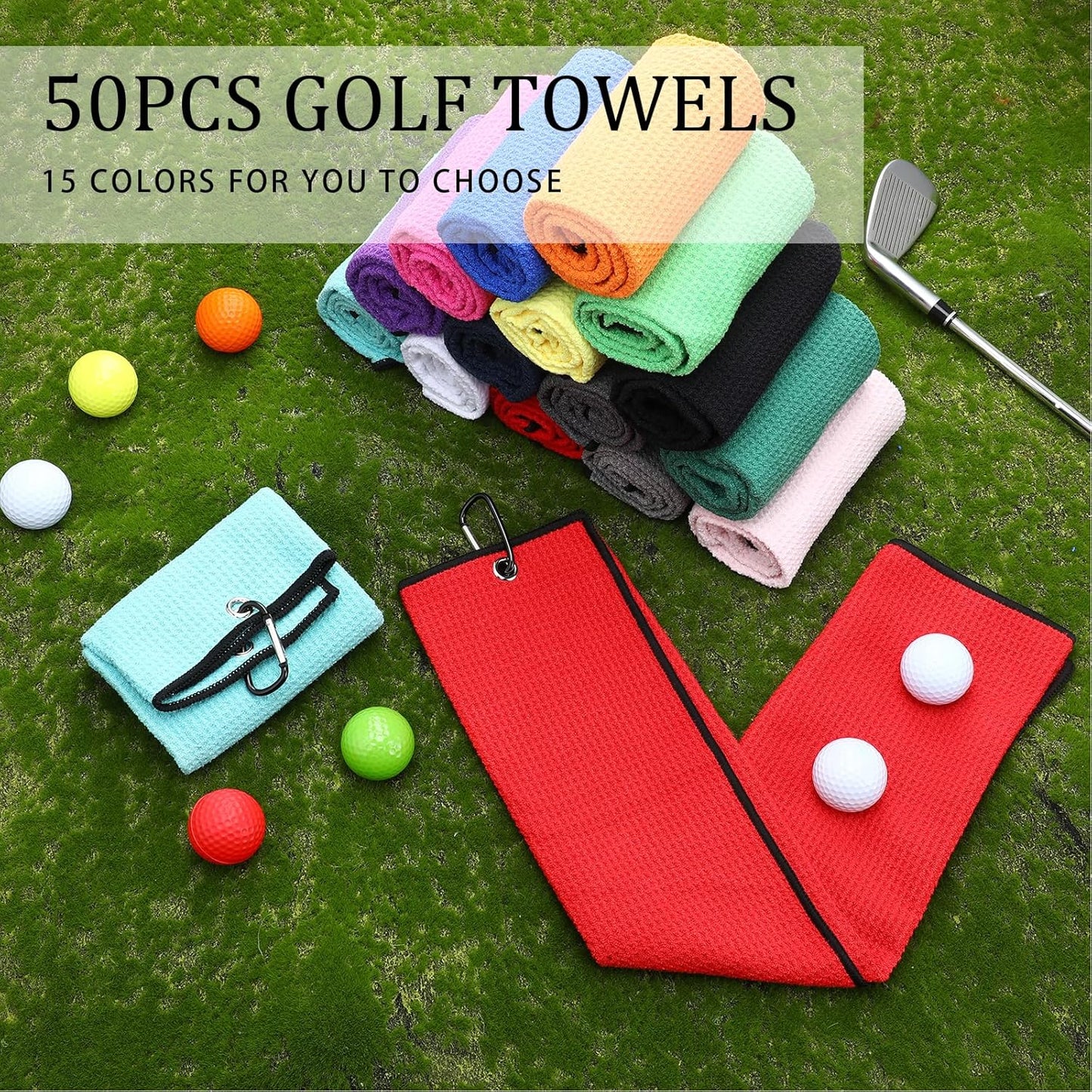 Batiyeer Golf Towels Bulk for Bags 16'' x 24'' Microfiber Waffle Pattern Golf Towels Trifold with Clip for Hiking,Tournament, Yoga