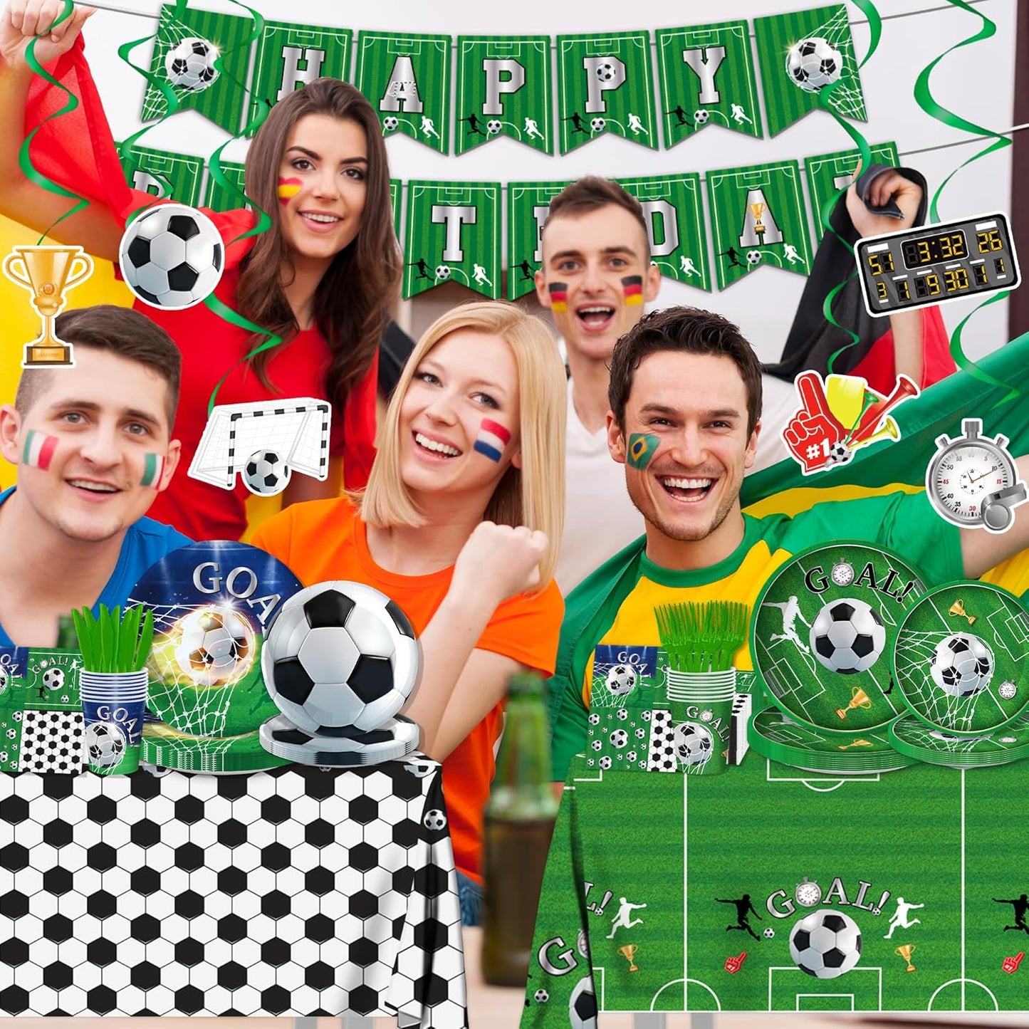 129pcs Football Birthday Party Supplies Football Party Decorations Plates Napkins Tablecloth Banner Hanging Swirls for Football Birthday & Tailgate Party Decorations Serves 20