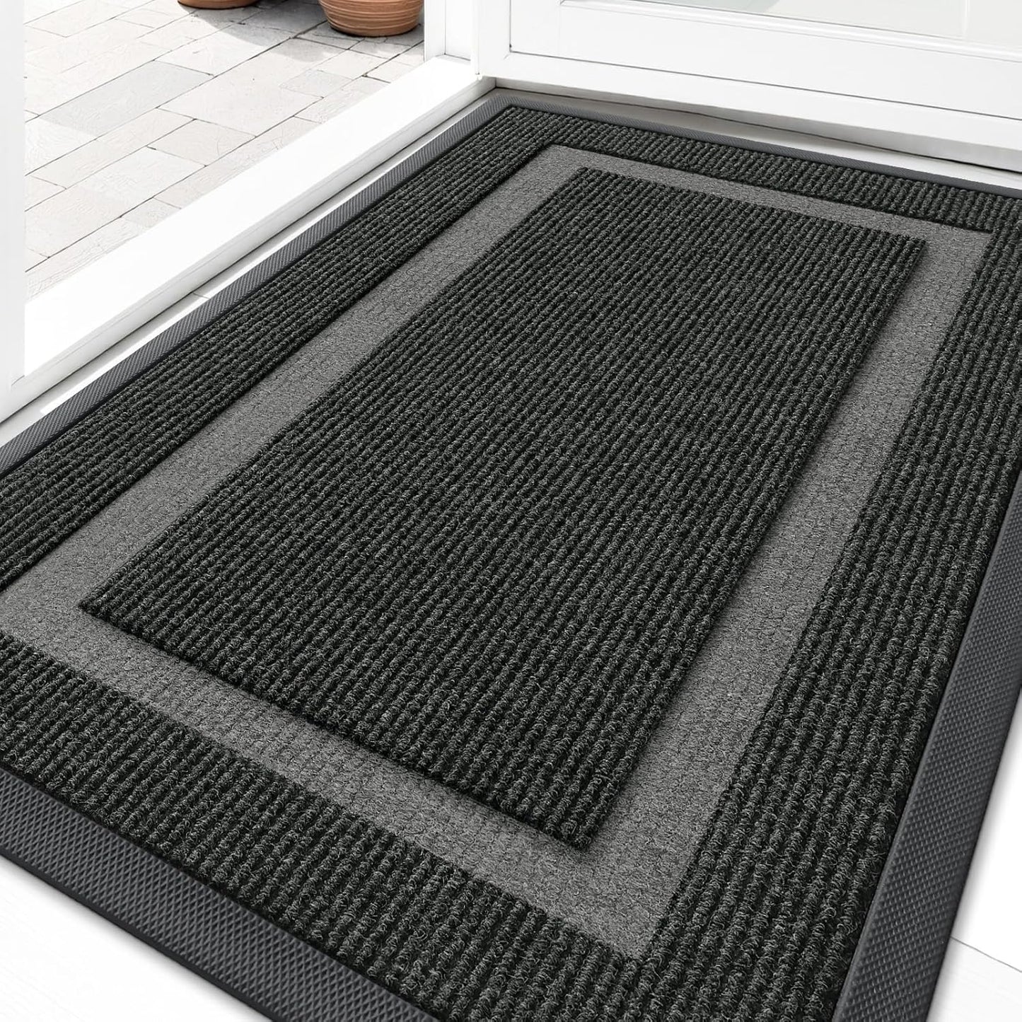 OLANLY Front Door Mat Indoor Outdoor Entrance, Waterproof All-Season, All-Weather Doormat, Sturdy Natural Rubber, Fade Resistant, Low Profile, Easy Clean Patio Porch Entryway Mat, 35x23, Black