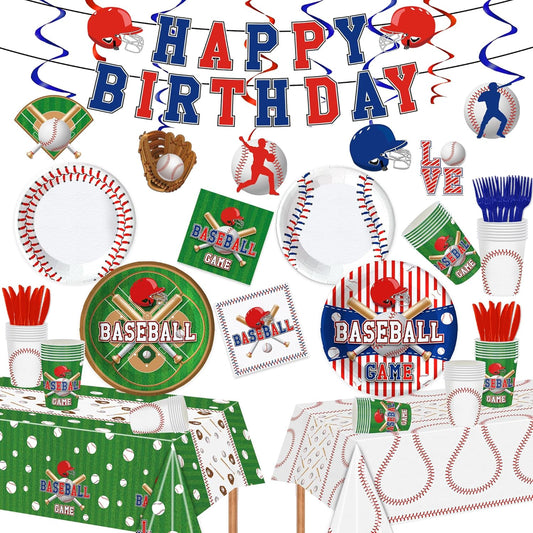 129Pcs Baseball Birthday Party Supplies-Serves 20 Baseball Party Decorations With Plates Cups Knifves Forks And Napkins Tablecloth And Banner For Baseball Sports Theme Birthday Decorations