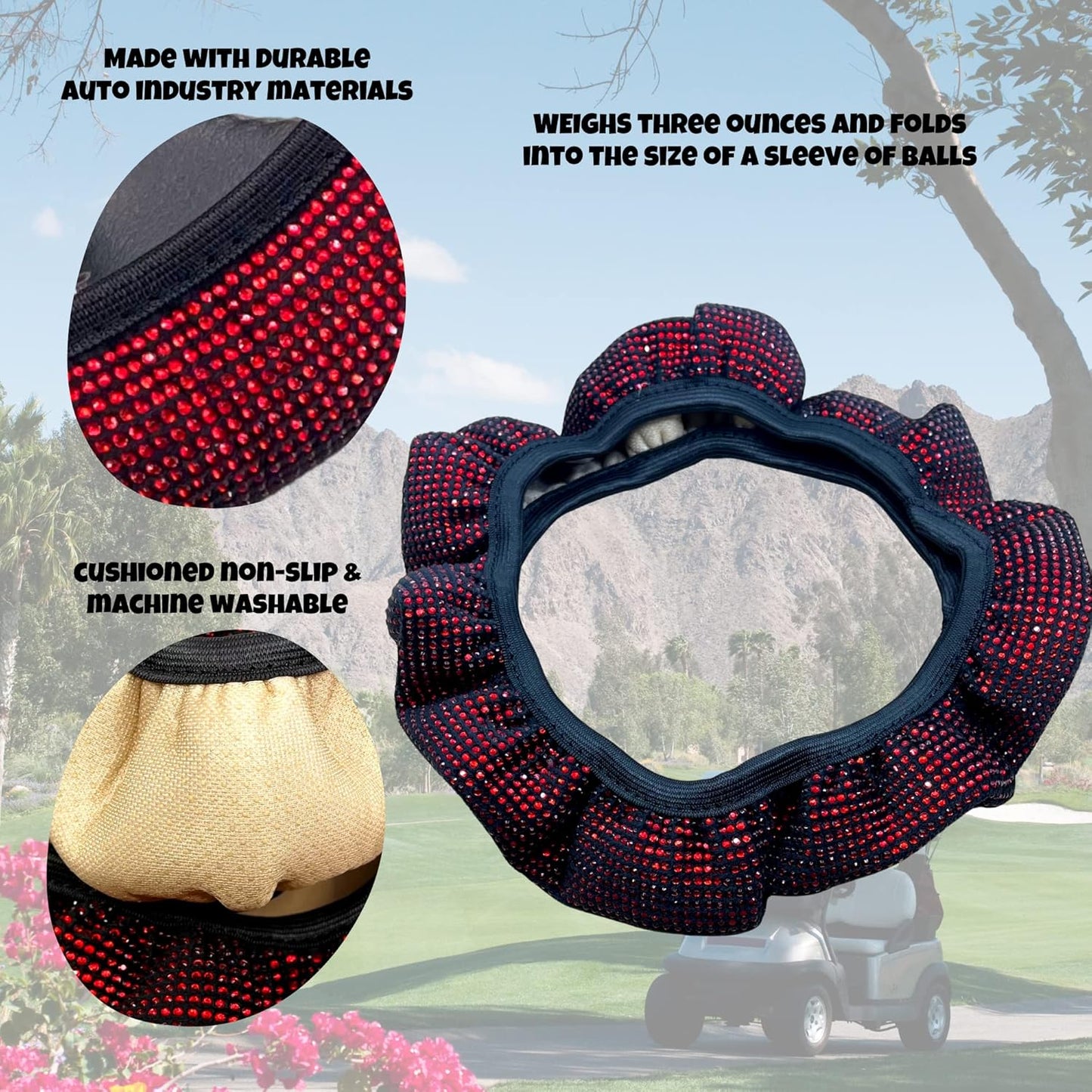 Universal Colorful Bling Crystal Diamond Rhinestones Golf Cart Steering Wheel Cover fits Club Car, Yahama, EZGO, Anti Slip Cover Easy to Install, Great Gifts for Golfer Women Womens (Red Diamond)