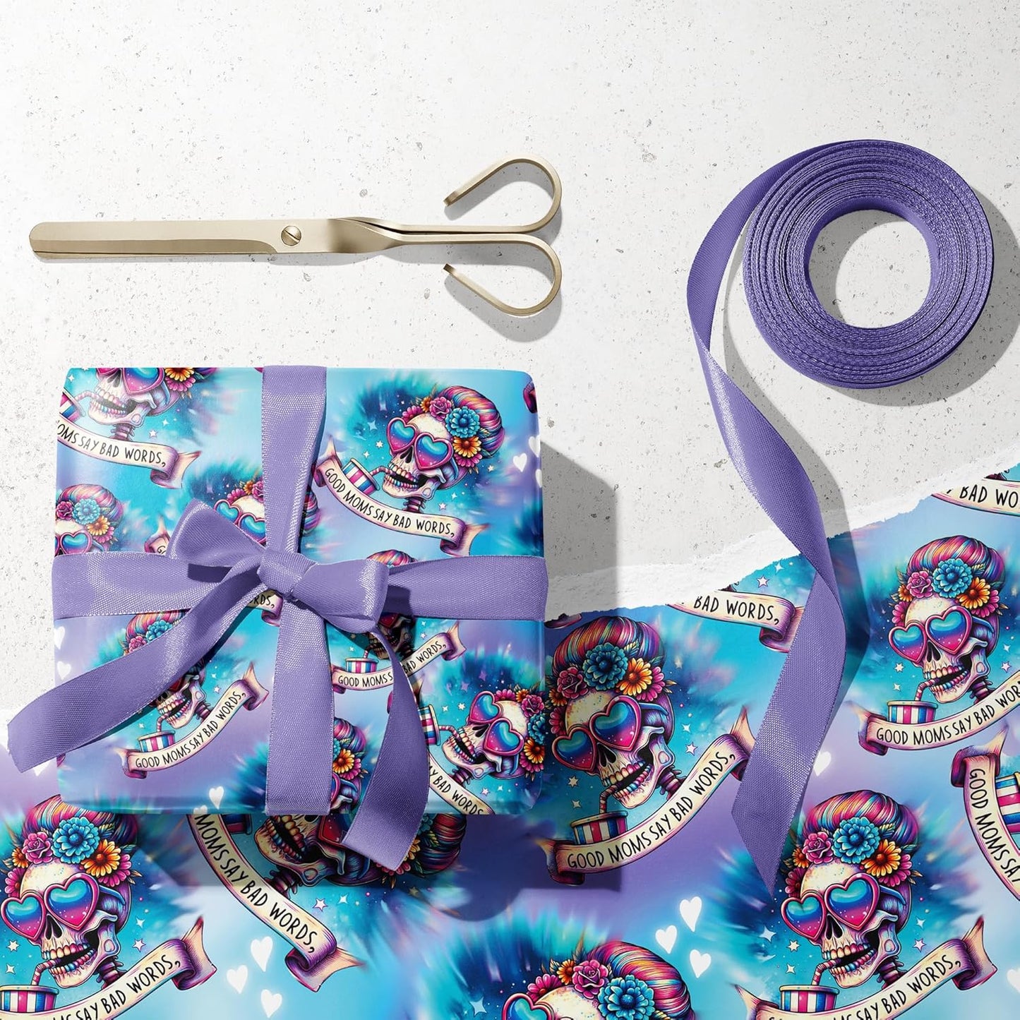 Vnaaem Halloween Wrapping Paper for Mom Women - 6 Pcs Blue & Purple Gothic Skull Skeleton Design Funny Gift Wrap for Halloween Wedding Birtday Christmas Nightmare Holidays - 19.6 X27.8Inch