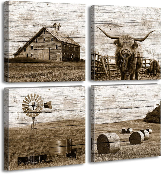 DJSYLIFE Western Decor Farmhouse Wall Decor Highland Cow Wall Art Rustic Painting Poster for Men's Bedroom Office Canvas Printed Poster Home Decoration Artwork 12" Wx12 Hx4