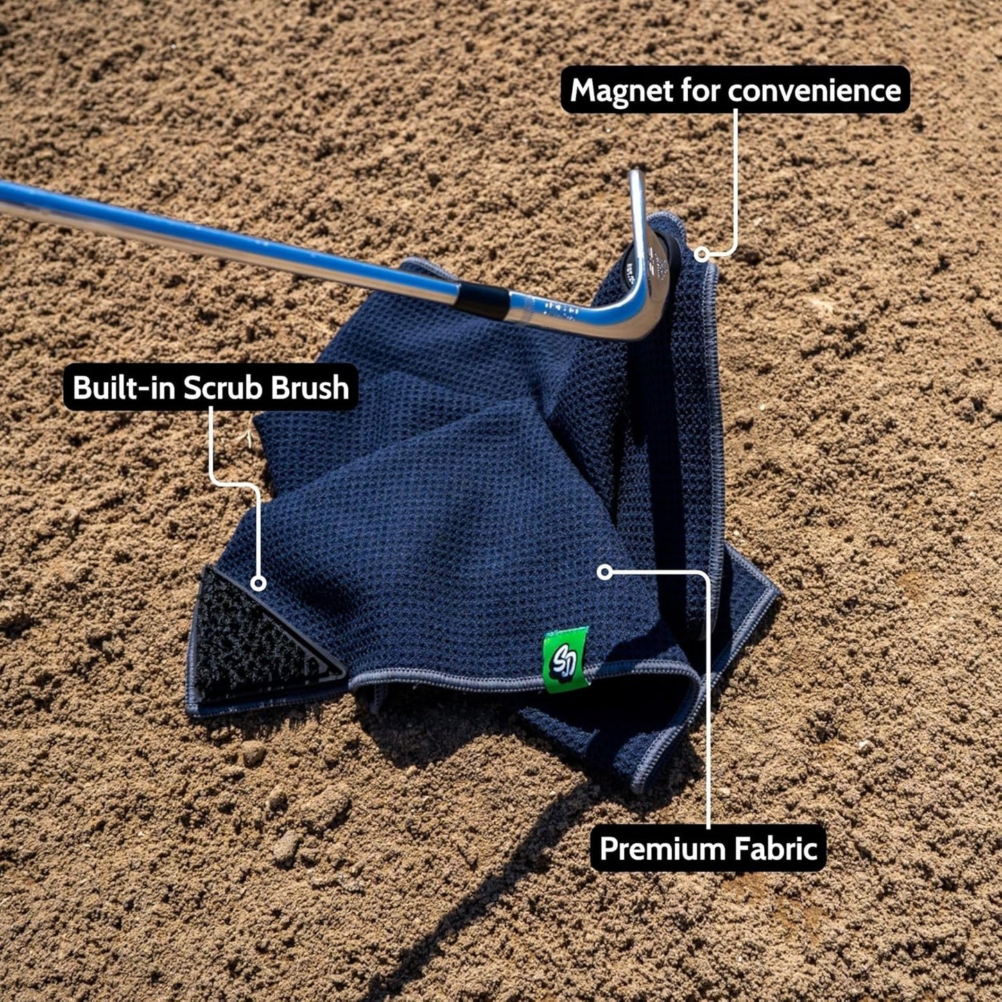 Scrub Doctor Golf Towel (Black) - Built-in Club Scrub Brush and Magnet - Clean Grooves - Magnetic for Strong Hold to Golf Carts or Clubs - Thick Premium Waffle Microfiber