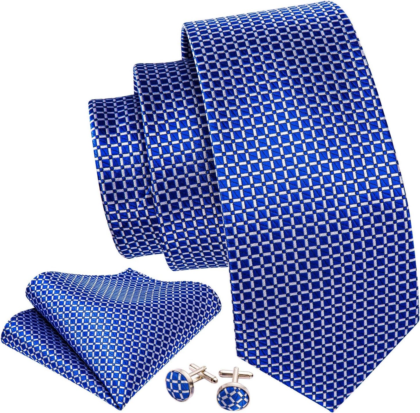 Barry.Wang Designer Classic Ties for Men Set Formal Pocket Square Cufflink Check Plaid