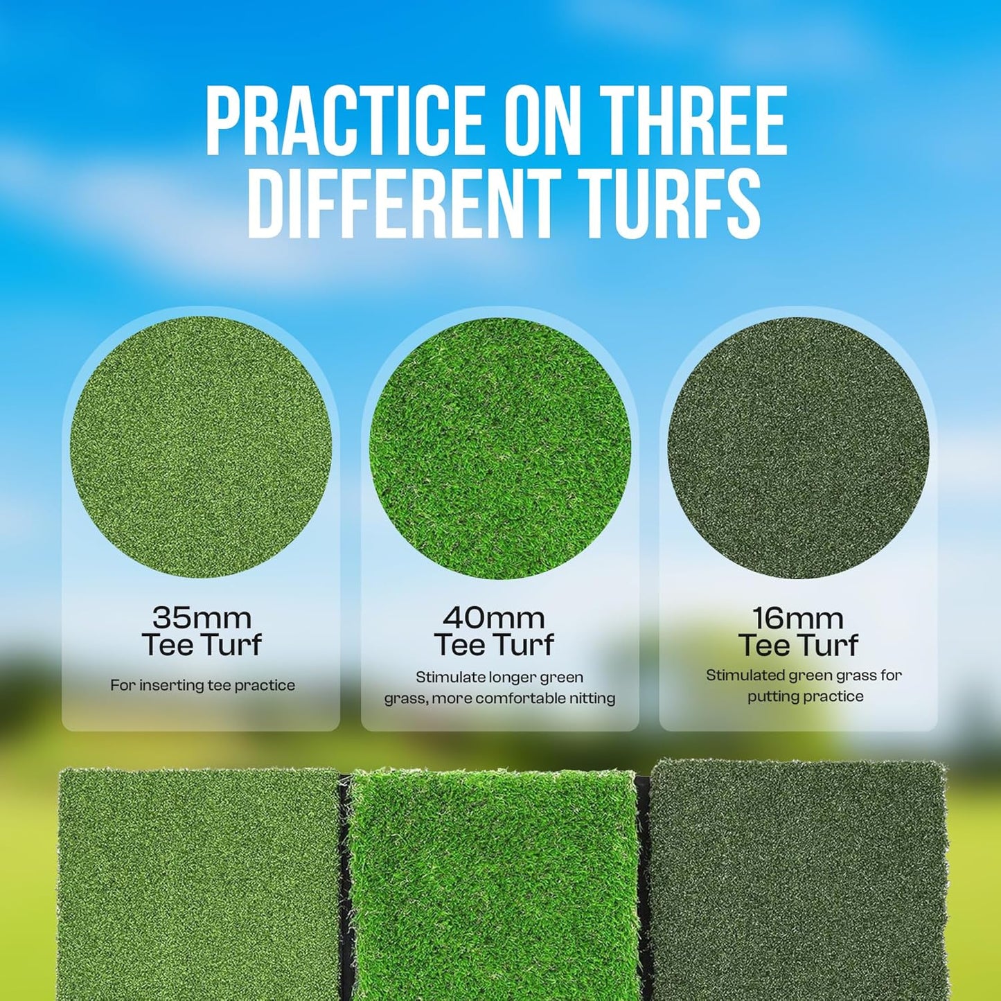 24" x 24" Tri-Turf 3 in 1 Golf Hitting Mat Indoor Outdoor Practice & Training Aid with Real Turf Feel, Non-Slip Rubber Base, EVA Cushion, Real Tee Support, Foam Balls & Tees Included for Driving Range