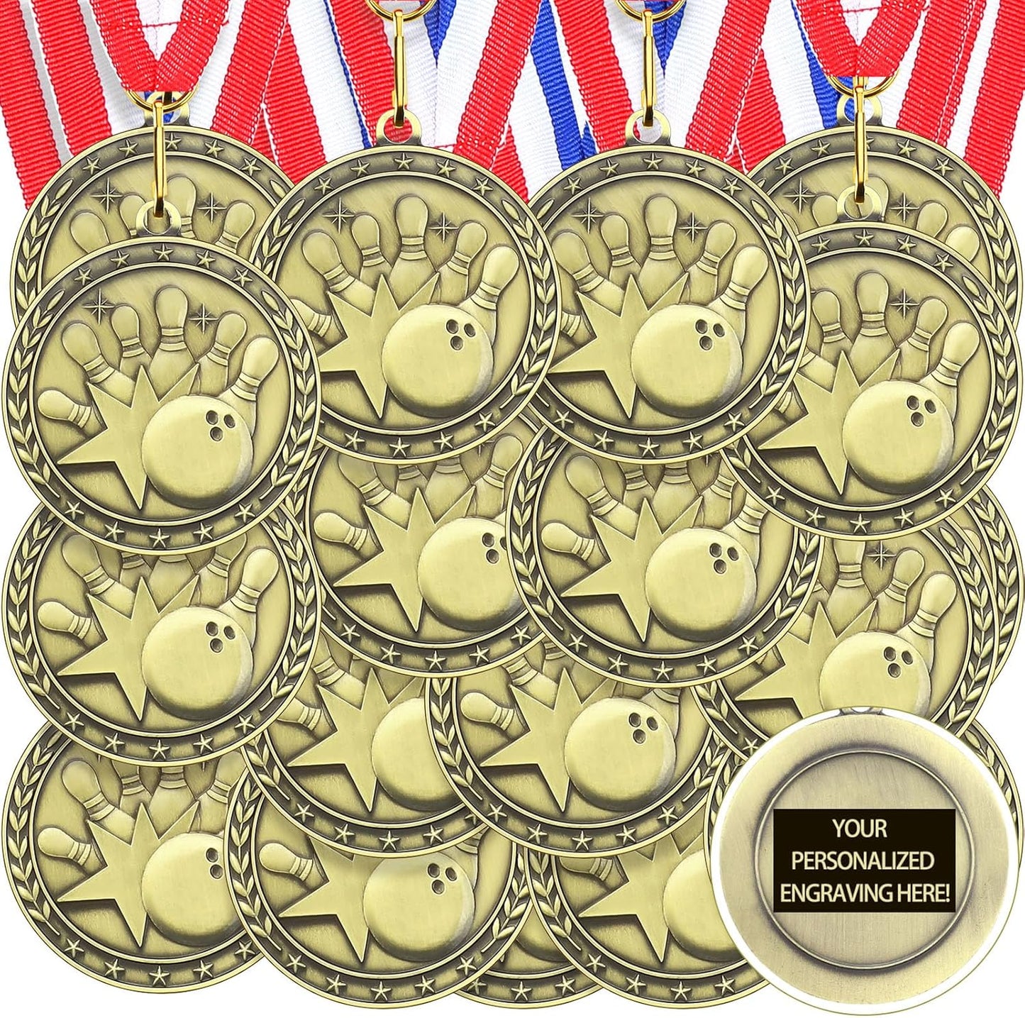 36 Pcs 2'' Gold Medals Bulk Volleyball Football Basketball Soccer Baseball Archery Dink Ball Cheer Track Bowling Awards Medals with Ribbons for Sports Participation Winner Gift