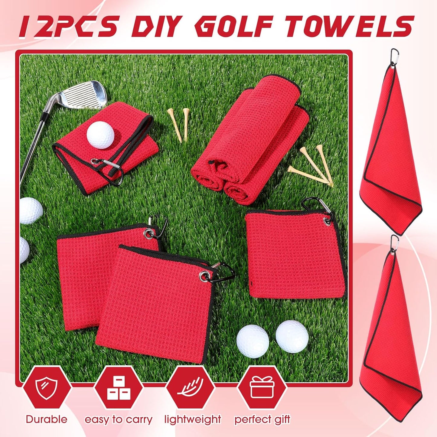 Batiyeer 12 Pcs Golf Towel Bulk for Golf Bags 16'' x 16'' Microfiber Fabric Towel with Clip Waffle Pattern, Fitness, Camping, Hiking, Yoga
