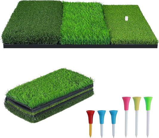 NEWCARE Golf Hitting Mat, 3-in-1 Foldable Golf Mat Indoor Outdoor, Tri-Turf Golf Practice Mat Traint Aid Batting for Chipping Swing Detection Portable Personal Driving Range for Backyard