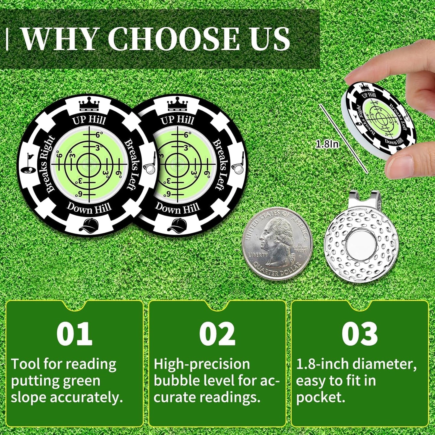 Golf Green Reader, 2 Pack Golf Ball Marker Hat Clip with High Precision Horizontal Bubble, Putting Training Aid Golf Accessories Tool Gift for Men Women