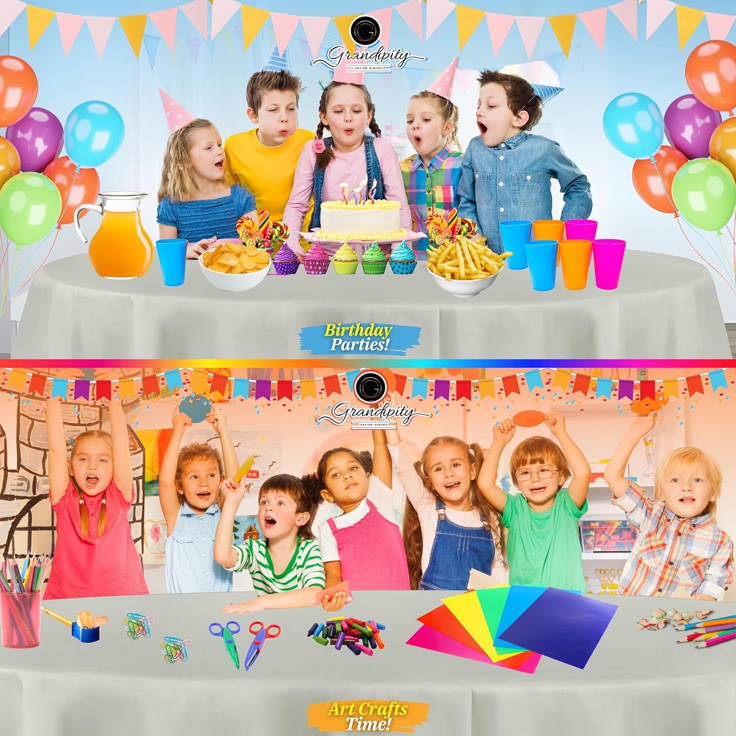 Grandipity 12 Pack Premium Disposable Plastic Tablecloth 84" Inch Decorative Round Table Cover - Light Grey