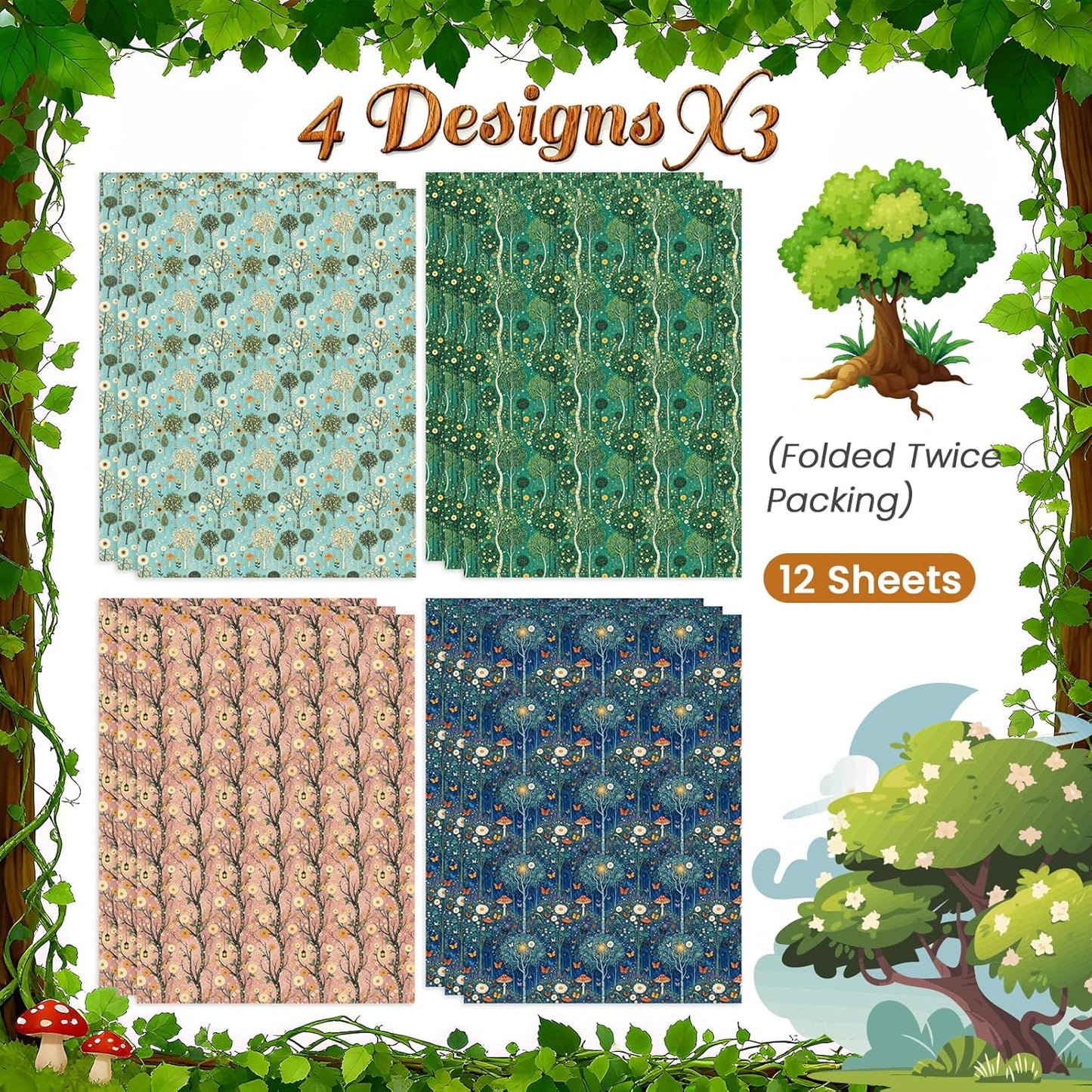 Pineraap Forest Wrapping Paper 12 Sheets Oil Painting Woodland Greenery Gift Wrap for Nature Lovers,Artists,Birthday,20"×28"