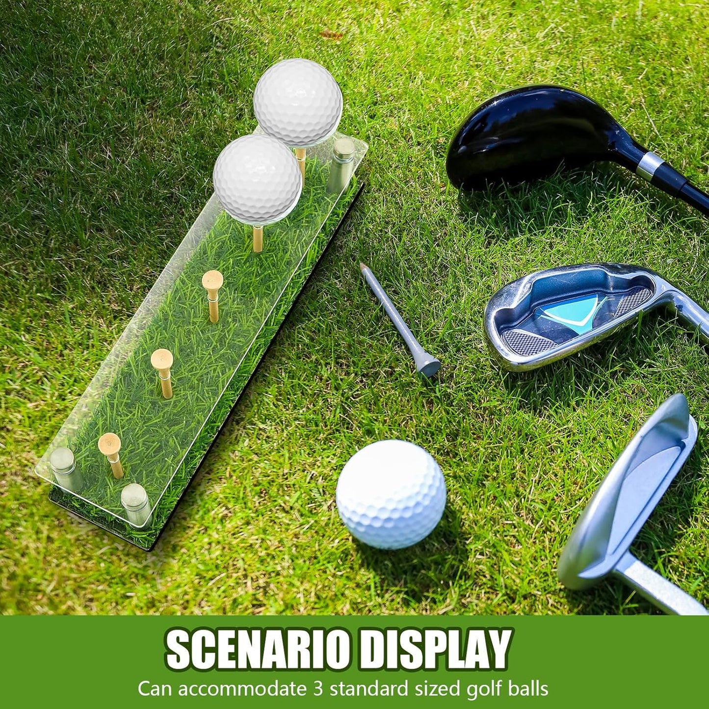 Menkxi Acrylic Metal Golf Ball Holder Display Case with Black Base and Turf Golf Ball Stand Display Box for Golf Decoration(9.84 Inch)