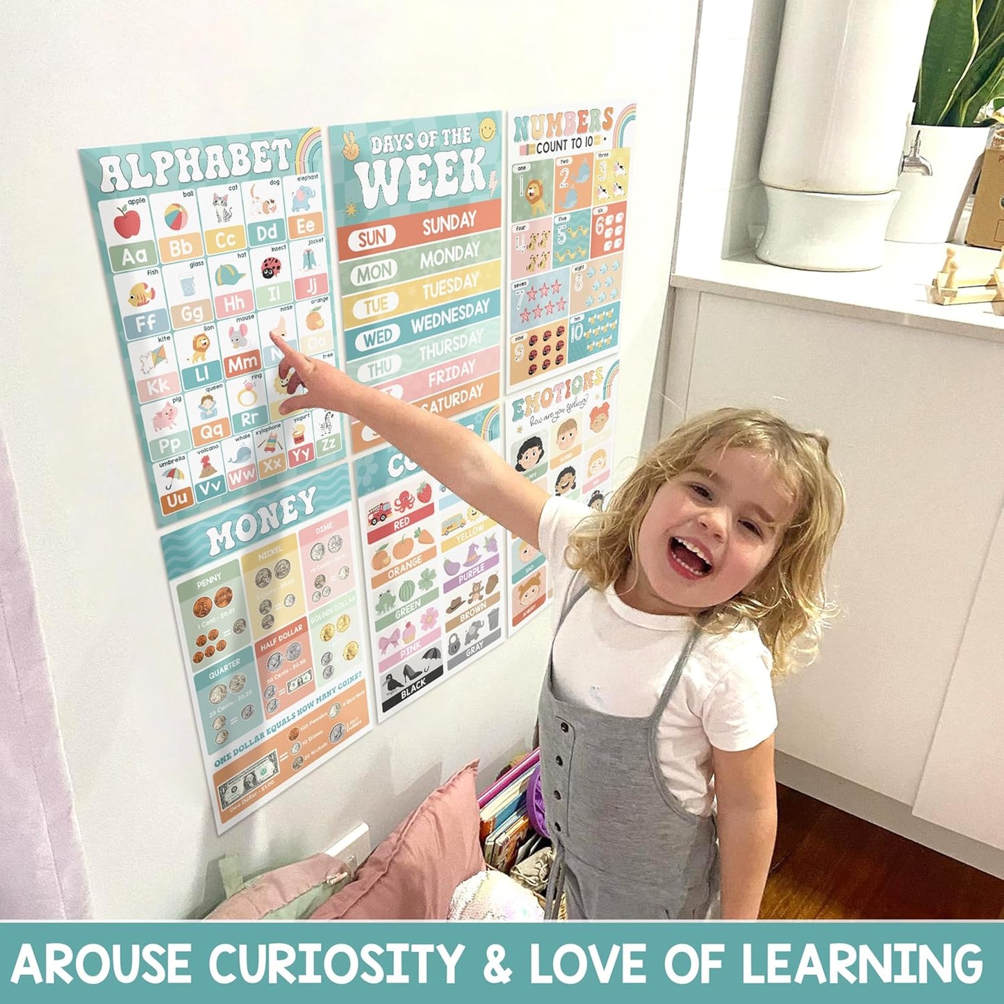 BEAWART 16 Boho Groovy Educational Posters for Preschoolers - Laminated Pre-K and Kindergarten Learning Poster Charts for Toddlers 1-3-5 - Homeschool and Classroom Decor for Kids' Walls