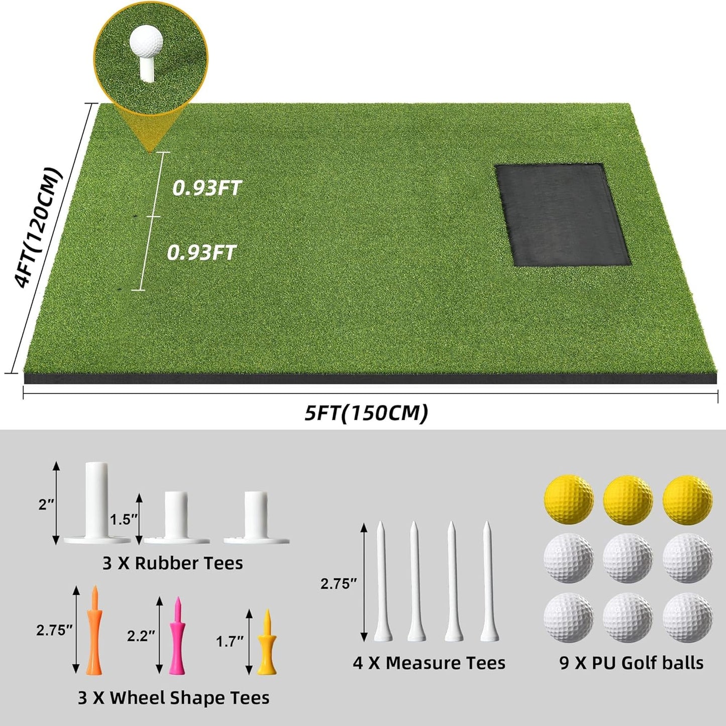 5x4ft Golf Hitting Mat, Thickened 21mm/31mm/36mm Artificial Turf Golf Practice Mats for Indoor Outdoor Backyard Driving Swing Training with 9 PU Balls, 3 Rubber Tees, 7 Tees