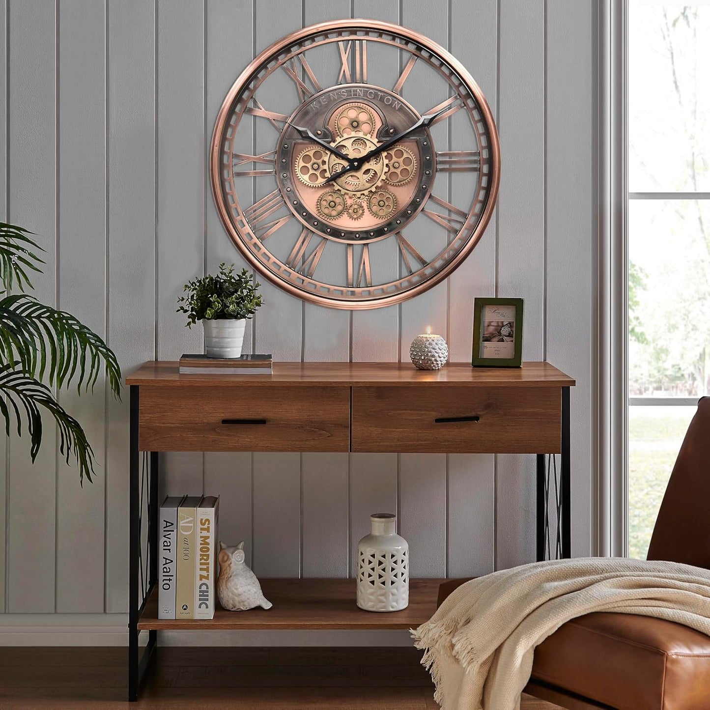 CLXEAST 21 Inch Large Roman Numeral Wall Clock with Moving Gears,Farmhouse Copper Rose Gold/Copper Metal Wall Clocks for Living Room Decor,House Warming Gifts New Home