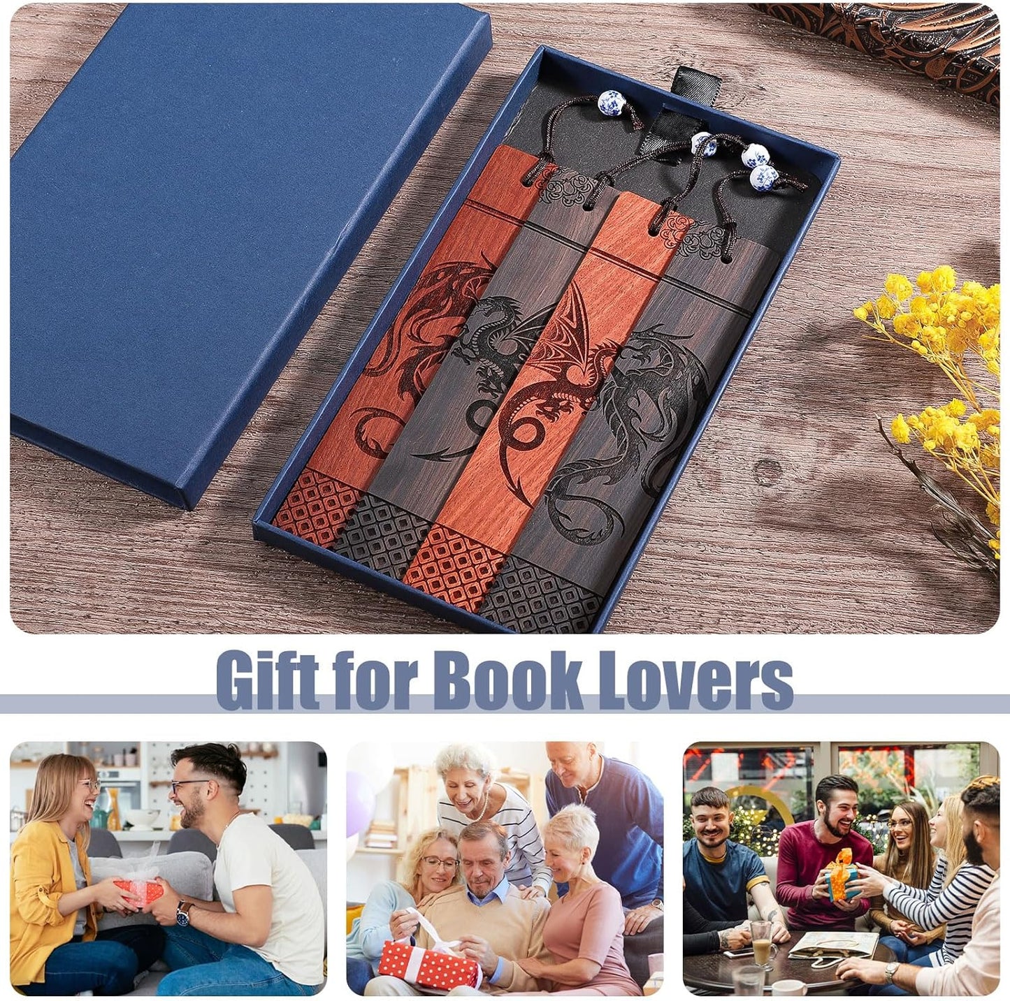 4Pcs Dragon Bookmark Gift, Wood Bookmark for Men Cool Book Marks Box Set Fantasy Christmas Gifts for Men Adults Kids (Dragon)