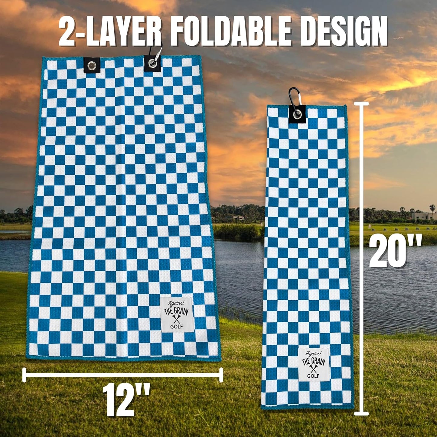 Against The Grain Blue Microfiber Golf Towel with Clip - (12"x20") Blue & White Checkered Design Golf Club Towel, Golf Towels for Golf Bags for Men & Women