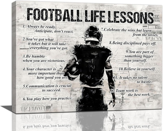 Football Sports Wall Art Football Life Lessons Wall Decor Football Sign Retro Poster Boy Men Room Motivational Decorations Canvas Print Painting Artwork for Bedroom Bathroom Living Room 16"x12"