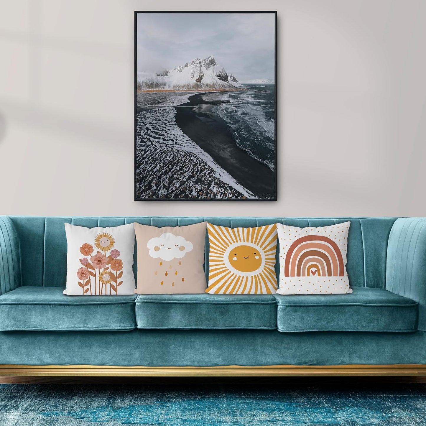 KEUSPI Boho Nursery Sun Cloud Rain Flower Rainbow Throw Pillow Covers,Bohemian Throw Pillow Covers 18×18 Inch Set of 4,Home Girls Kids Room Nursery Playroom Decor,Boho Gifts for Baby Girls