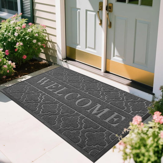 Yimobra Welcome Mat Outdoor Indoor, All-Season Waterproof Front Door Mat Outside Entrance, All-Weather Heavy Duty Non-Slip Doormat, Low Profile Porch Patio Entrance Mats, 60x36, Dark Grey