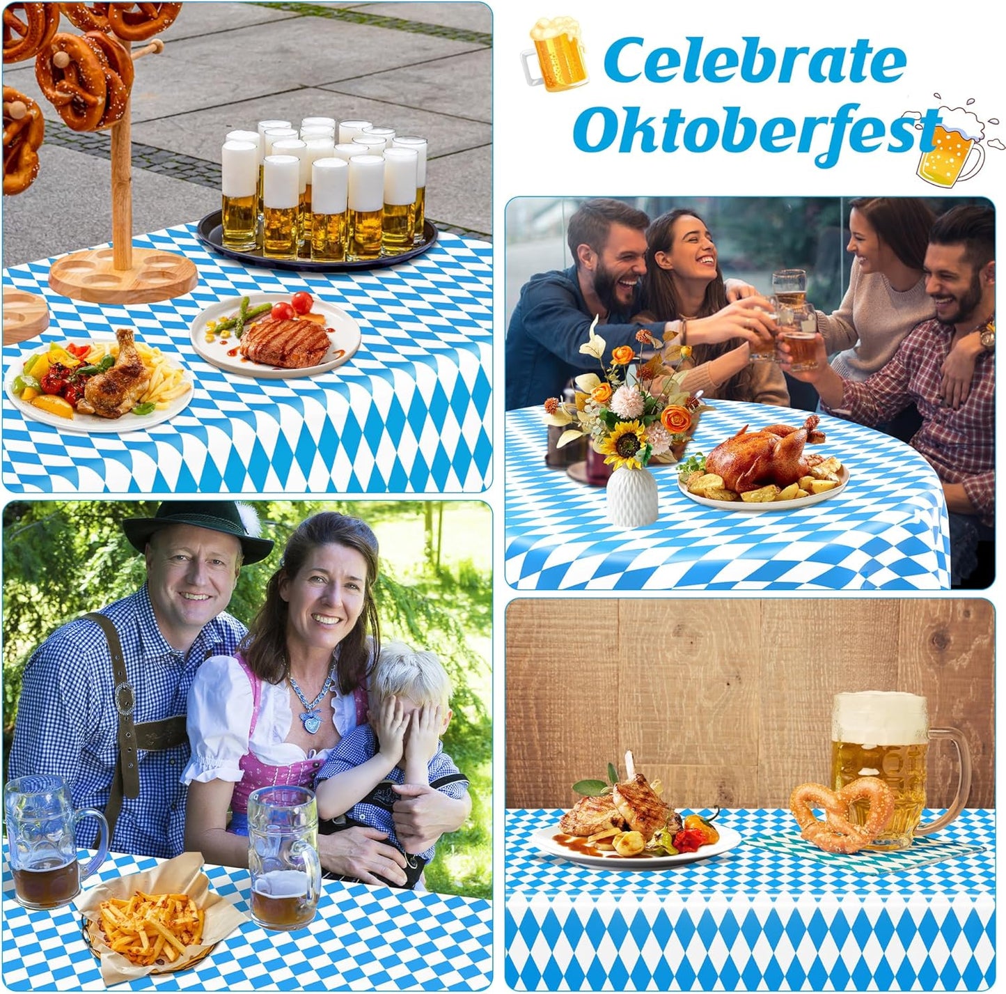 QZYL 6 PCS Oktoberfest Party Supplies, 54 X 108 in Rectangular Plastic Bavarian Blue White Diamond Checks Tablecloth, Disposable Oktoberfest Decorations, Tablecloth for Wonderland Picnic Beer Party