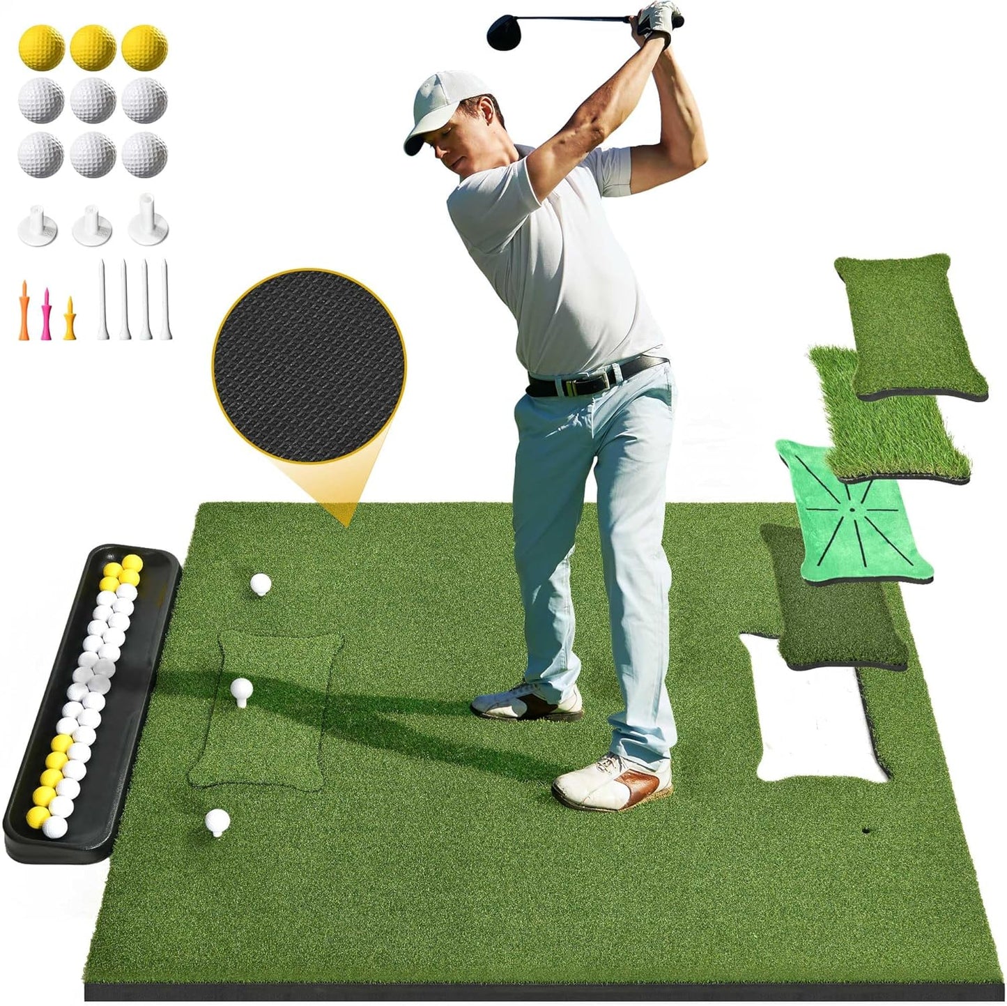 5x4ft Golf Hitting Mat, Thickened 21mm/31mm/36mm Artificial Turf Golf Practice Mats for Indoor Outdoor Backyard Driving Swing Training with 9 PU Balls, 3 Rubber Tees, 7 Tees
