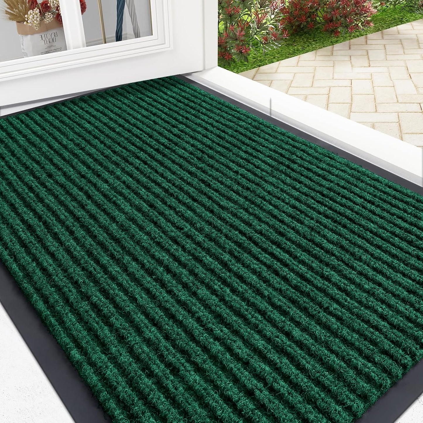 OLANLY Front Door Mat Indoor Outdoor Entrance, Waterproof Heavy Duty Doormat, Fade Resistant, Low Profile, Easy Clean Patio Porch Welcome Floor Mats for Entry, 35x23, Green