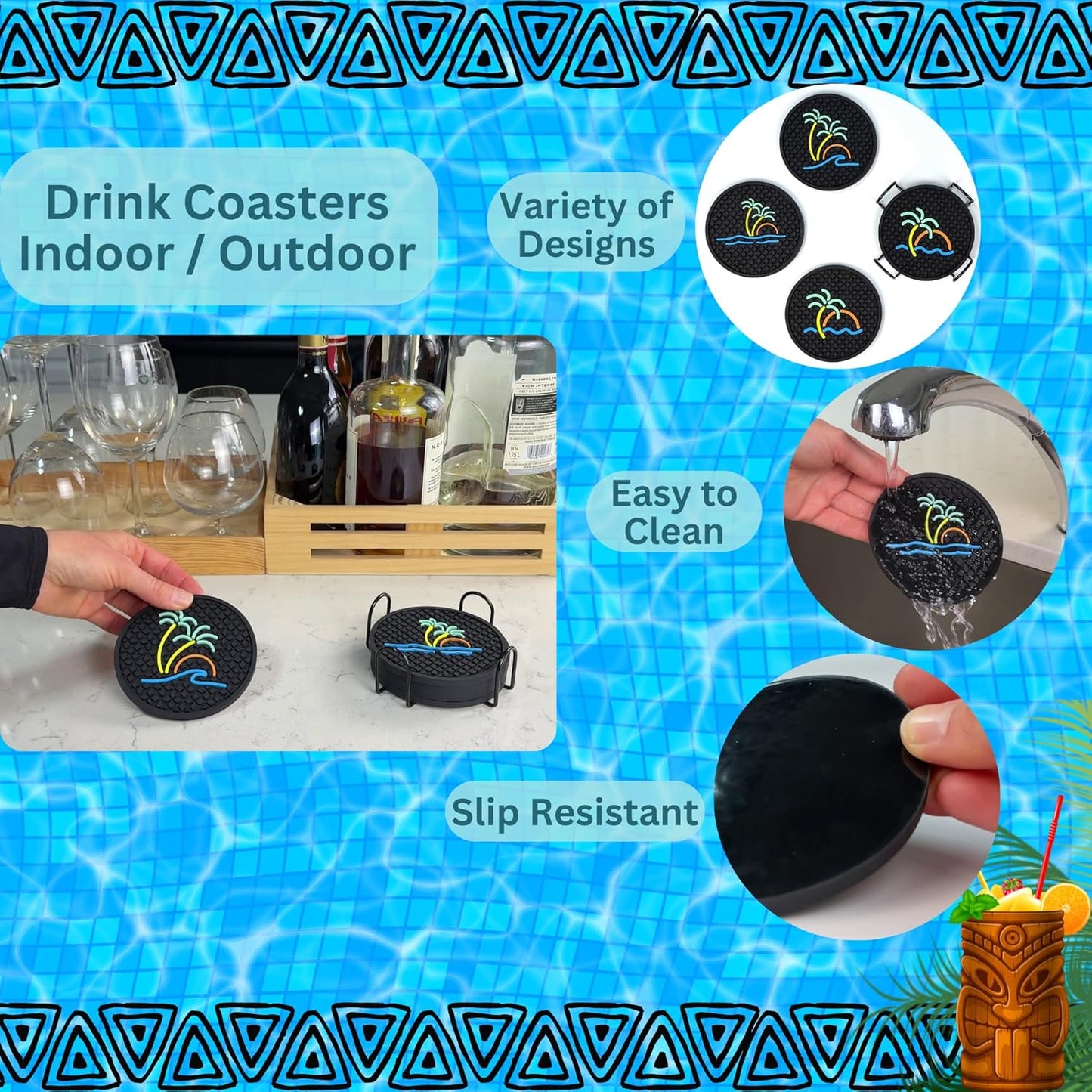 Tiki Bar Ocean Beach Coasters Set of 6 with Holder, Tiki Bar Decor Silicone Nautical Coasters, Hawaiian and Luau Decorations, Beach Theme Coastal Decor, Tropical Chill and Surf Waves Styles