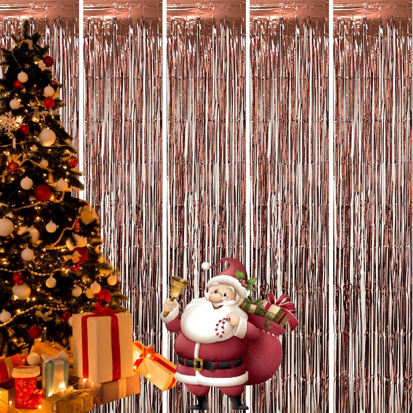 10 Pack Rose Gold Foil Curtain Backdrop Metallic Tinsel Foil Fringe Curtains Photo Booth Props for Birthday Wedding Engagement Bachelorette Christmas Holiday Celebration Party Decorations Supplies