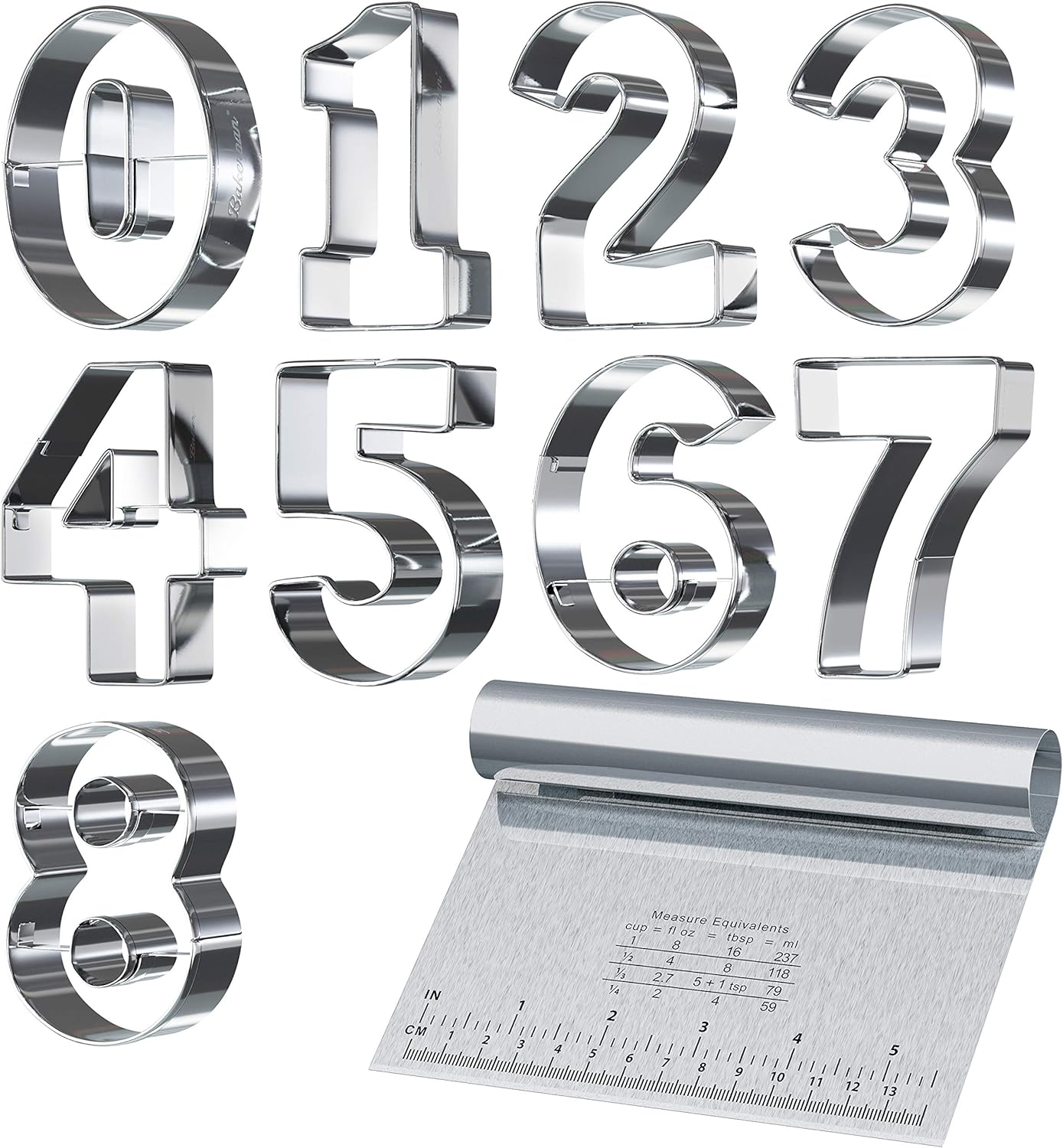 Bakerpan Stainless Steel Number Cookie Cutter Shapes, Set of 9 Large 3.5 Inch Numbers with Bonus Dough Cutter
