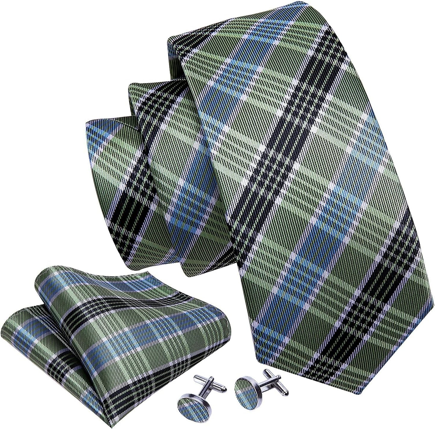 Barry.Wang Designer Classic Ties for Men Set Formal Pocket Square Cufflink Check Plaid