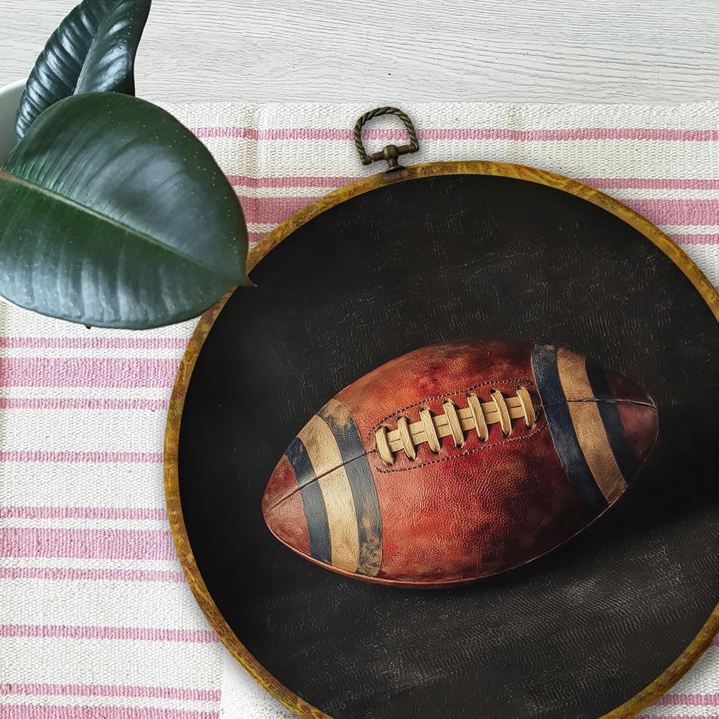Vintage American Football Wall Art Decor, Retro Sports Framed Canvas Prints 10x10, Rustic Classic Football Round Wall Hanging Artwork Decorations for Bedroom Home Gym Sport Room