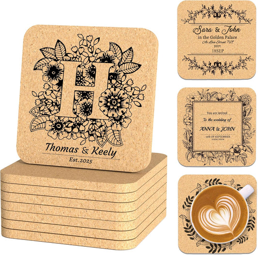 30-100Pcs Personalized Coasters, Custom Cork Drink Coasters with Laser Engraved Text Name Logo, Non-Slip, Heat-Resistant, Custom Wedding, Anniversary, Housewarming Gifts (Suqare Version)