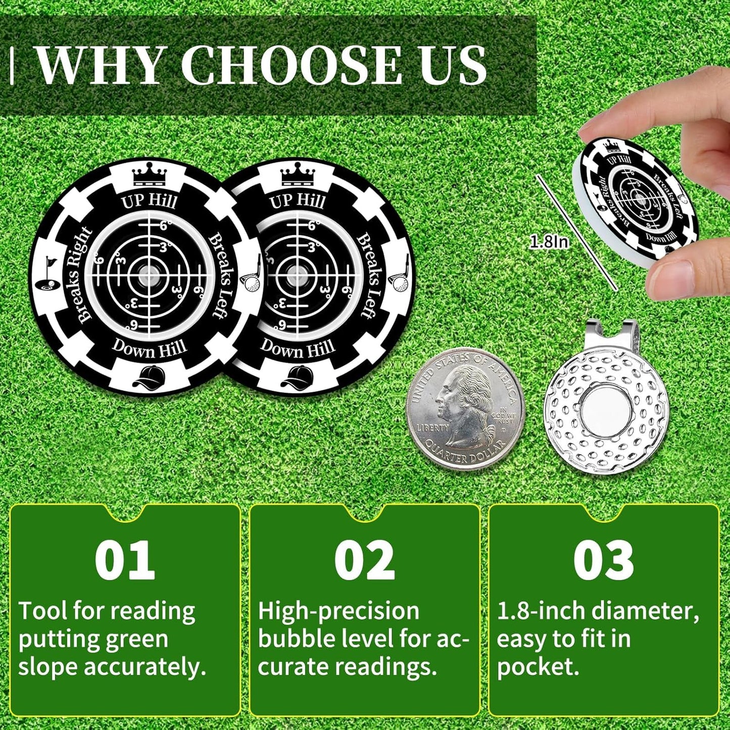 Golf Green Reader, 2 Pack Golf Ball Marker Hat Clip with High Precision Horizontal Bubble, Putting Training Aid Golf Accessories Tool Gift for Men Women