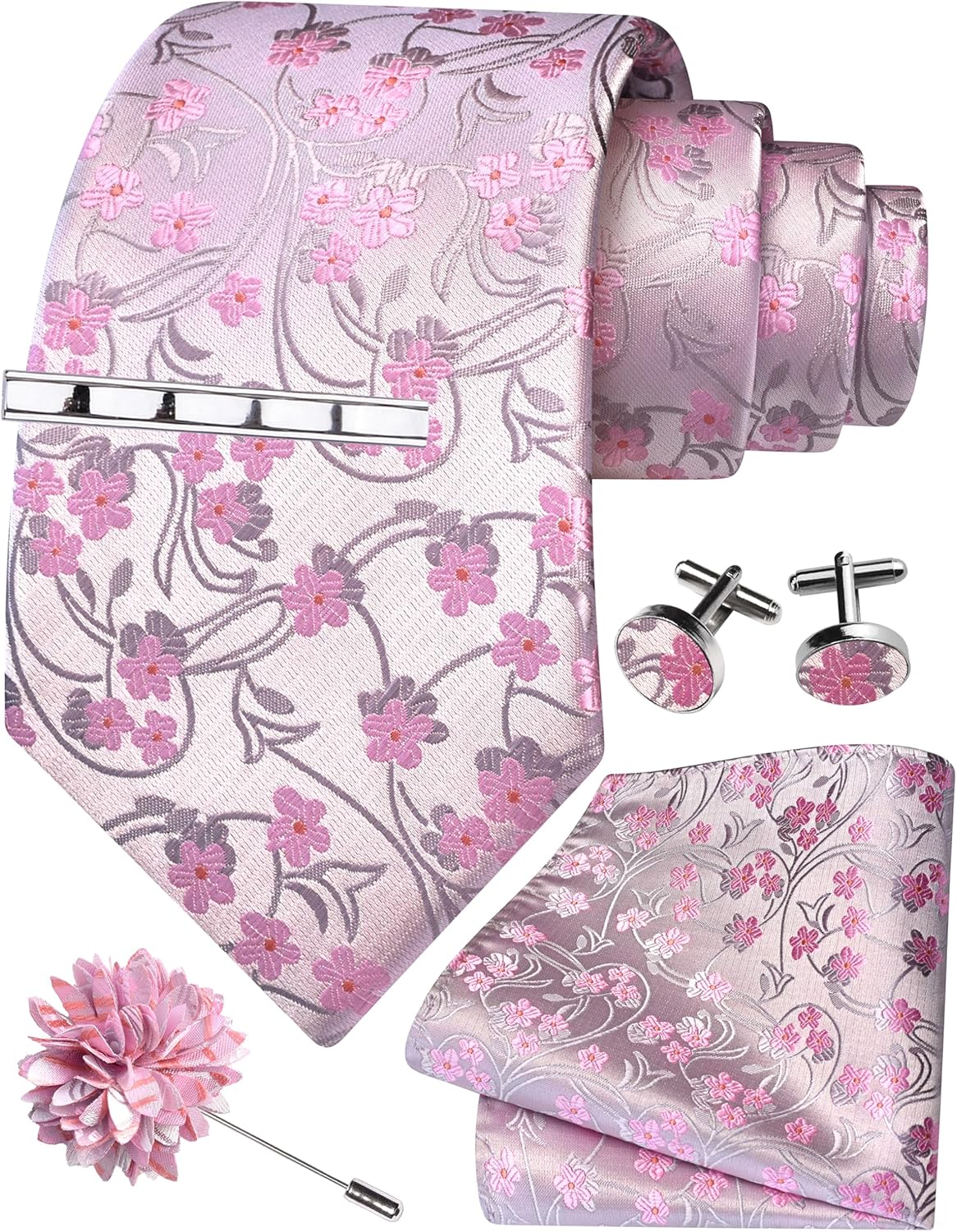 GUSLESON Tie Set for Men Necktie and Pocket Square,Tie Clip,Cufflinks, Lapel Pin Sets with Gift Box 5PCS