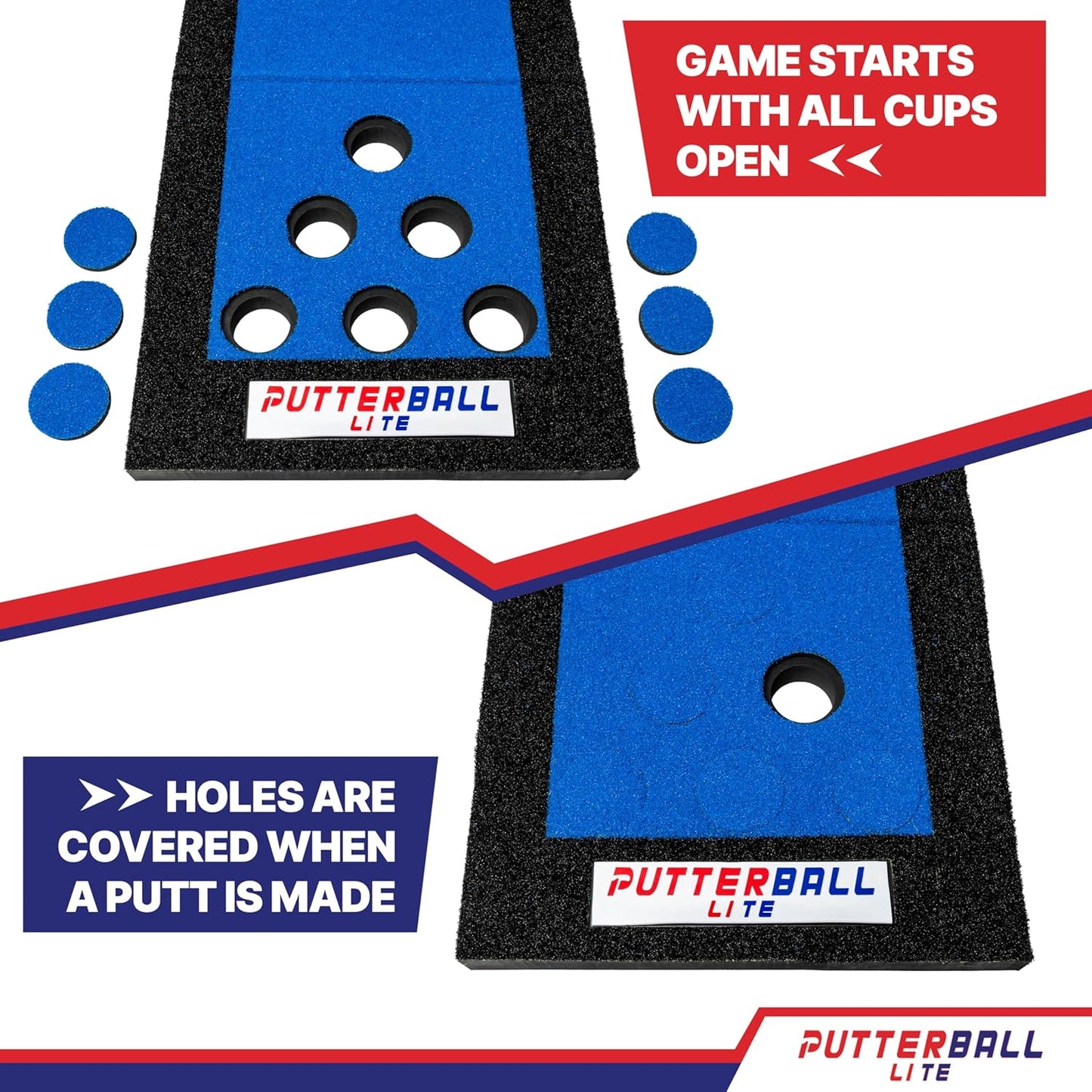PutterBall Lite Original Golf Putting Game Set – Backyard 9 ft Putting Green Pong Style Golf Mat with 2 Putters, 2 Balls & Hole Covers