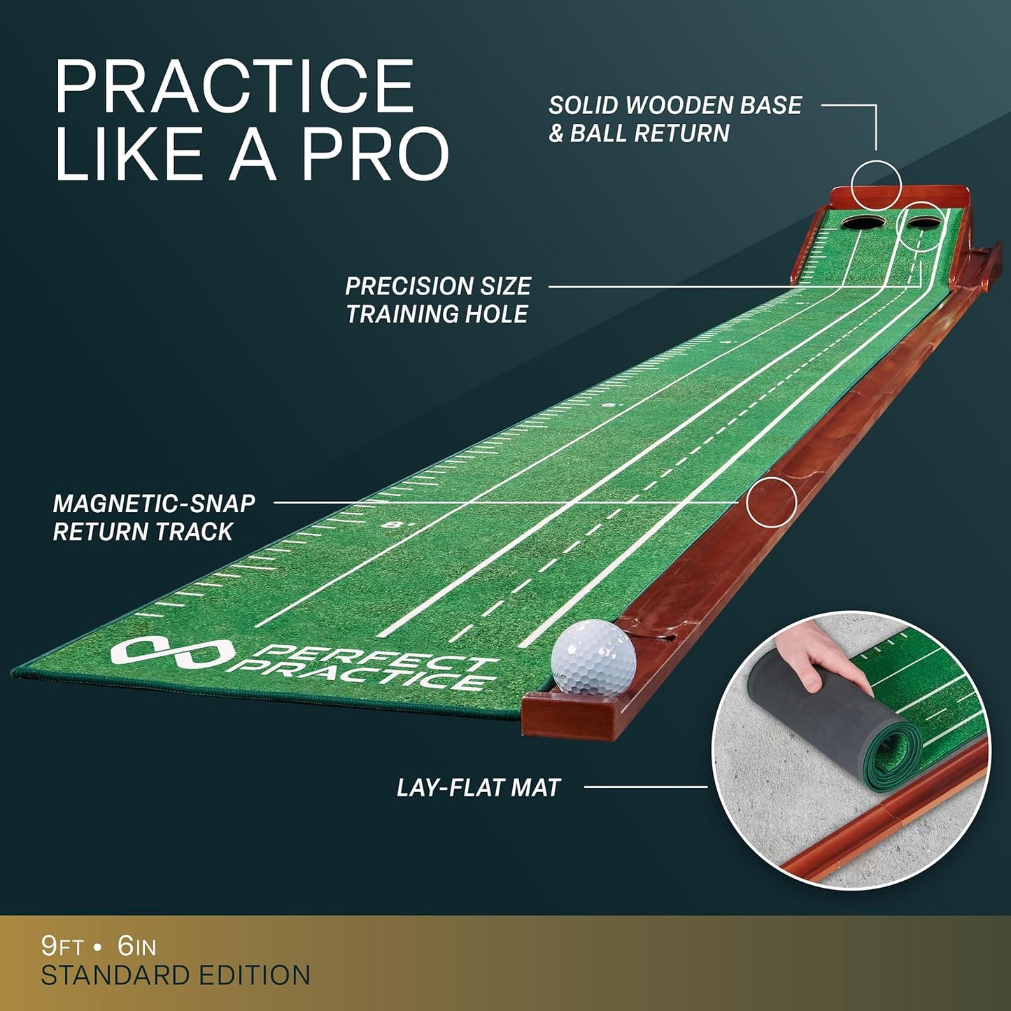 Perfect Practice Golf Putting Mat - Portable Putting Green, Indoor & Outdoor Practice, with Ball Return - Golf Training Aid for Home, Office, Backyard - Golfing Gifts for Men