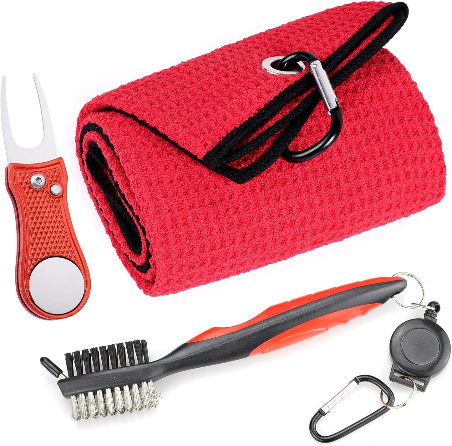 Mile High Life Microfiber Waffle Pattern Golf Towel | Club Groove Cleaner Brush | Foldable Divot Tool with Magnetic Ball Marker (Red Towel/Brush/Bone Divot)