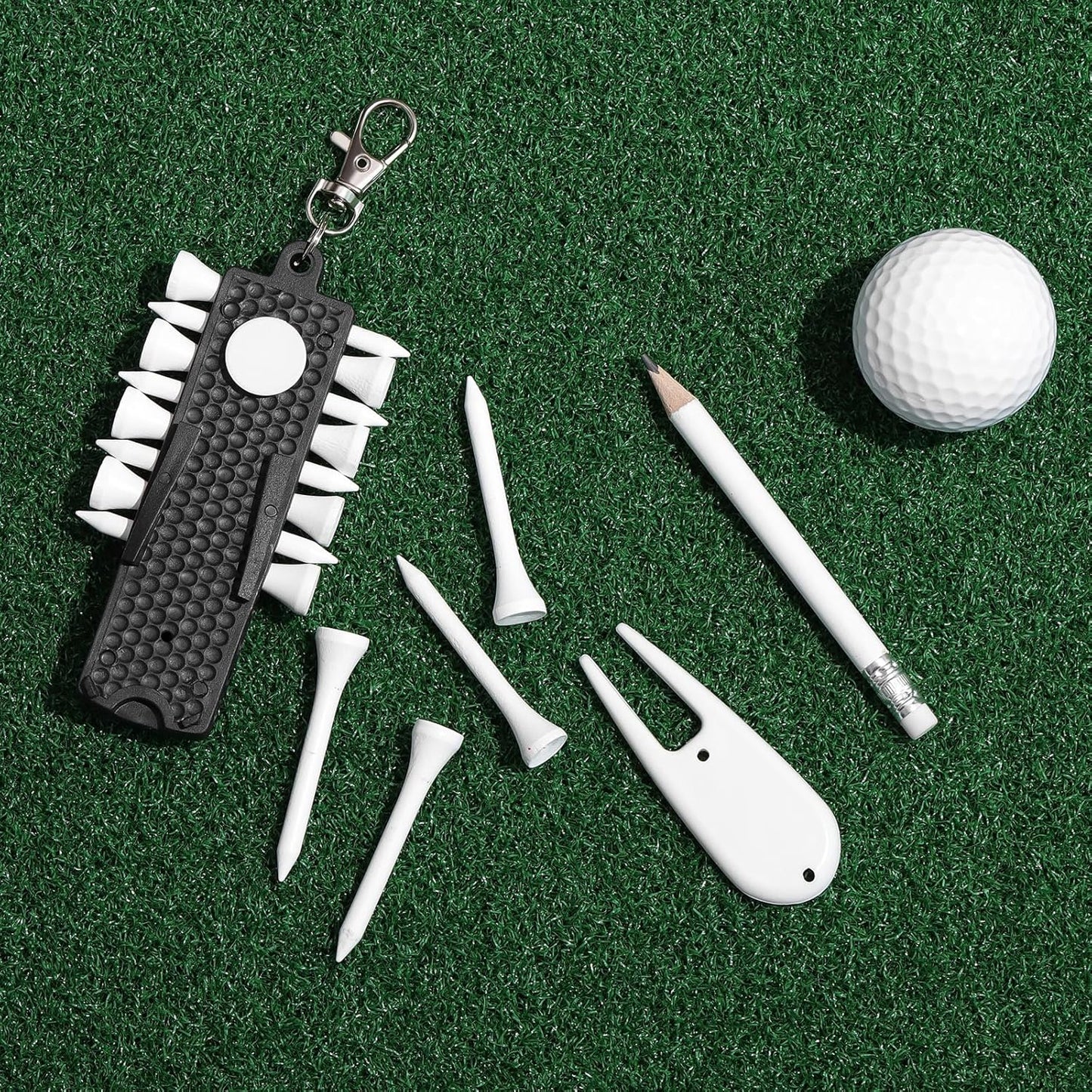 3-in-1 Golf Tee Holder for Bag, Golf Tee Carrier with 12 Tees 1 Golf Divot Repair Tool 1 Marking Pencil Keychain Golf Accessory Premium Golf Gift Set