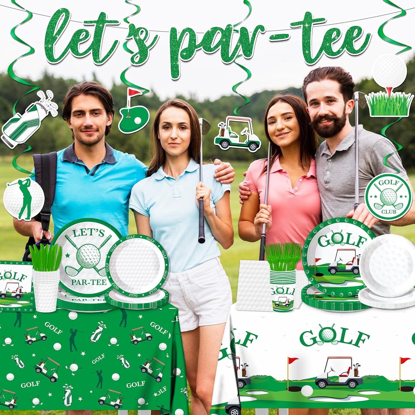 129Pcs Golf Party Supplies -Serves 20 Party Decorations With Plates Cups Knifves Forks And Napkins Tablecloth And Banner For Birthday Party Decorations Game Day Family School Holiday Sports Events