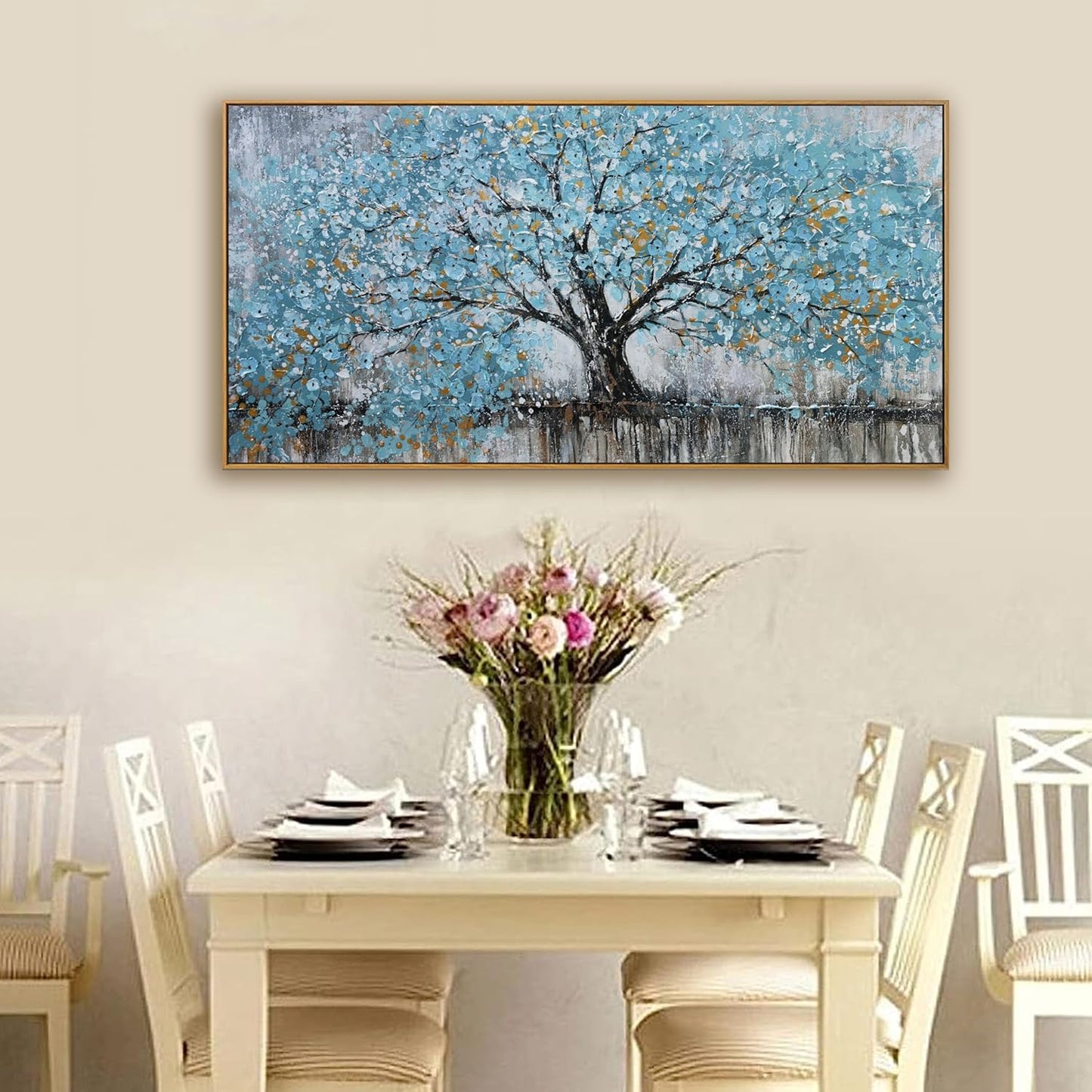 Wall Art Teal Blue Nature Tree Of Life Abstract Canvas Painting Textured Picture Modern Wall Art Landscape Artwork Framed For Living Room Bedroom Bathroom Office Home Decor 20"X40"Painting