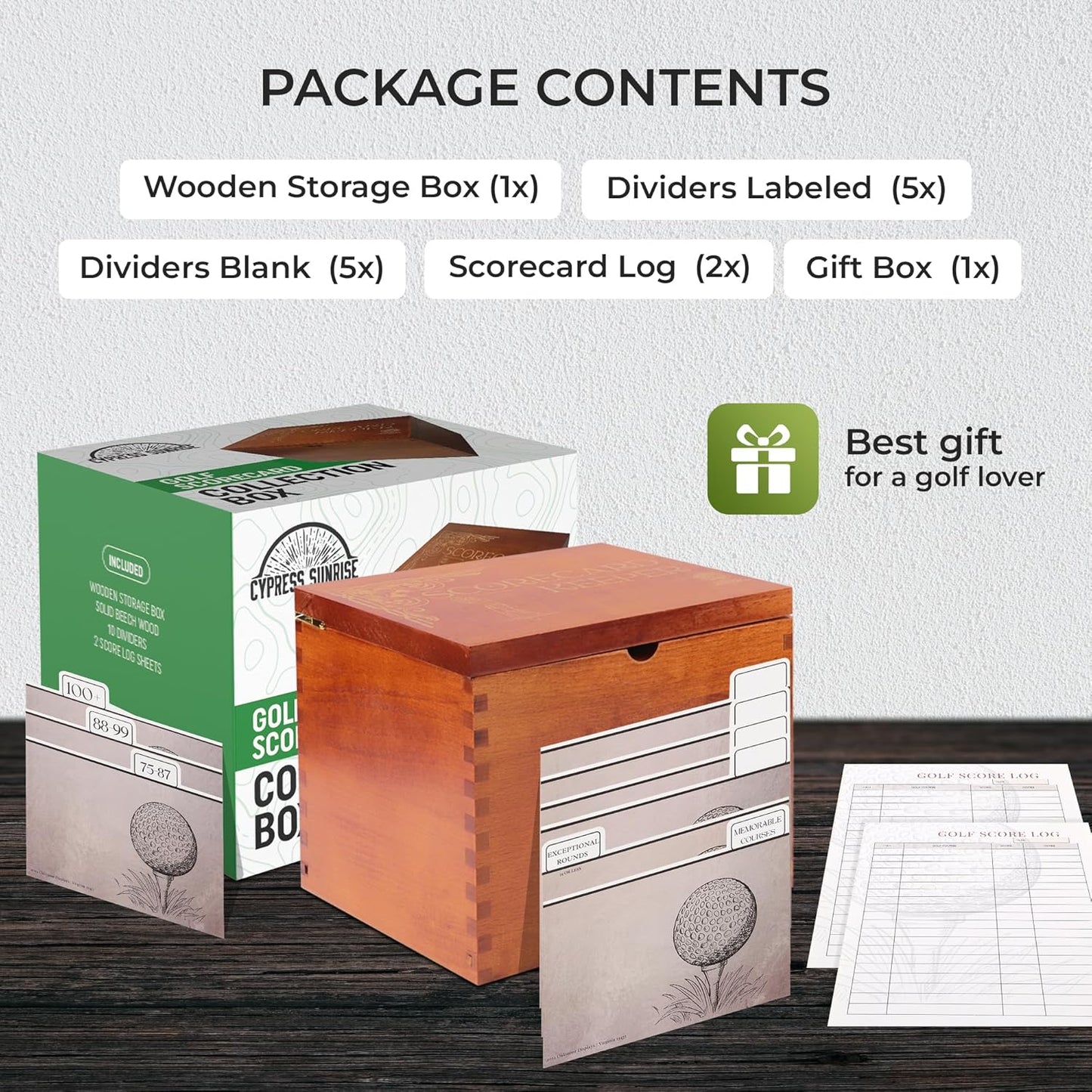 Golf Scorecard Keeper - Storage Box Organizer for Scorecards Photos and Accessories | Comes with 10 Dividers and 2 Score Logs - Display Golf Score Card Collection Neatly - Great Gift for Golfers