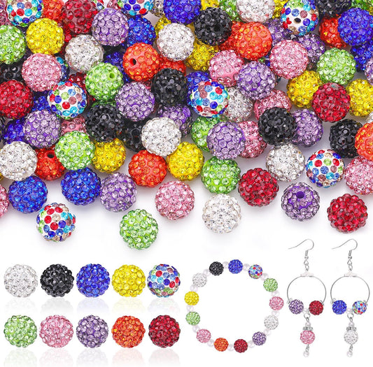 100 pcs 10mm Rhinestone Beads for Jewelry Making, 10 Mixed Colors Shiny Round Shamballa Disco Beads, Sparkle Crystal Clay Christmas for Bracelet Baseball Necklace Earring Crafting and DIY